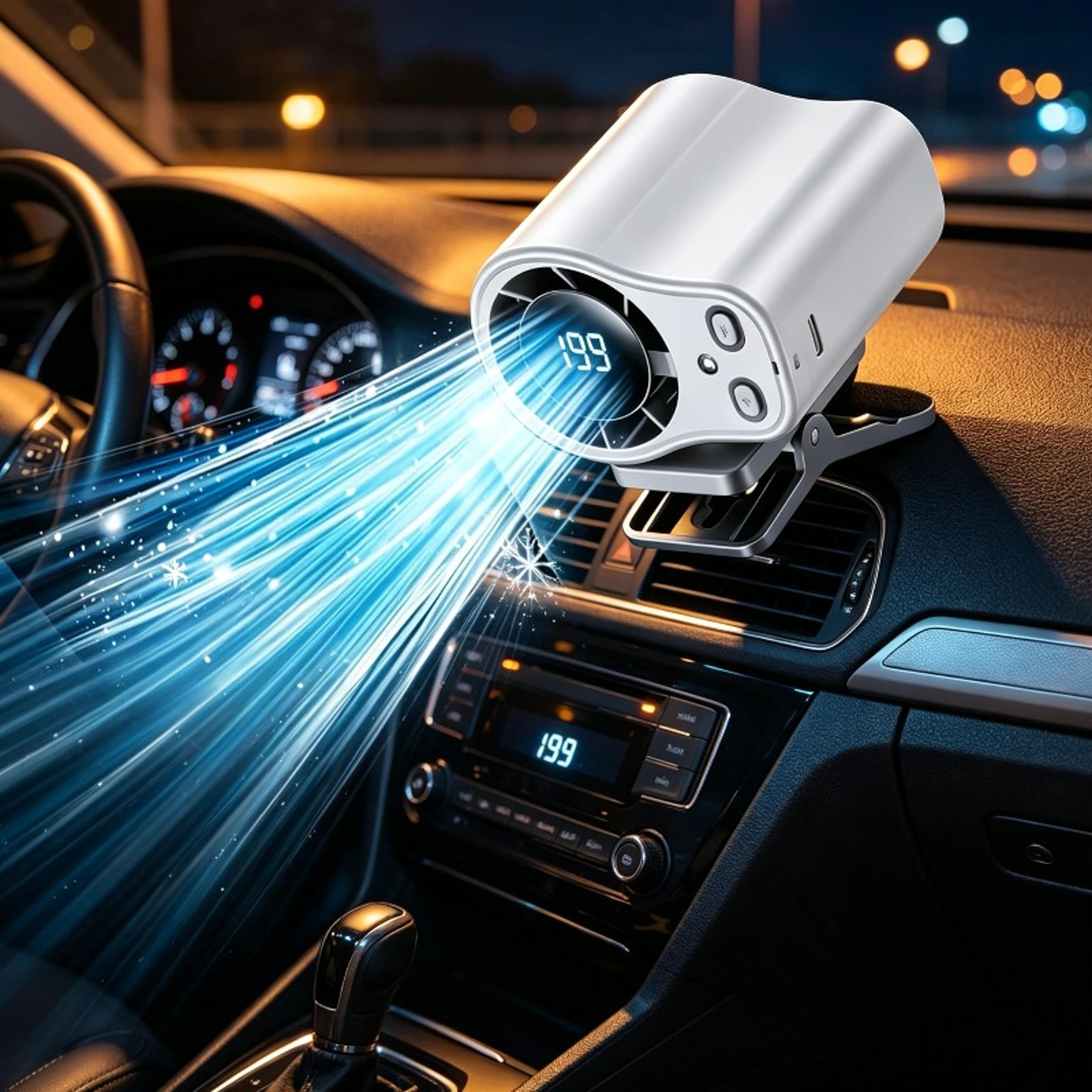 portable car fan usb rechargeable clip on cooling fan with led display for car, desk & camping