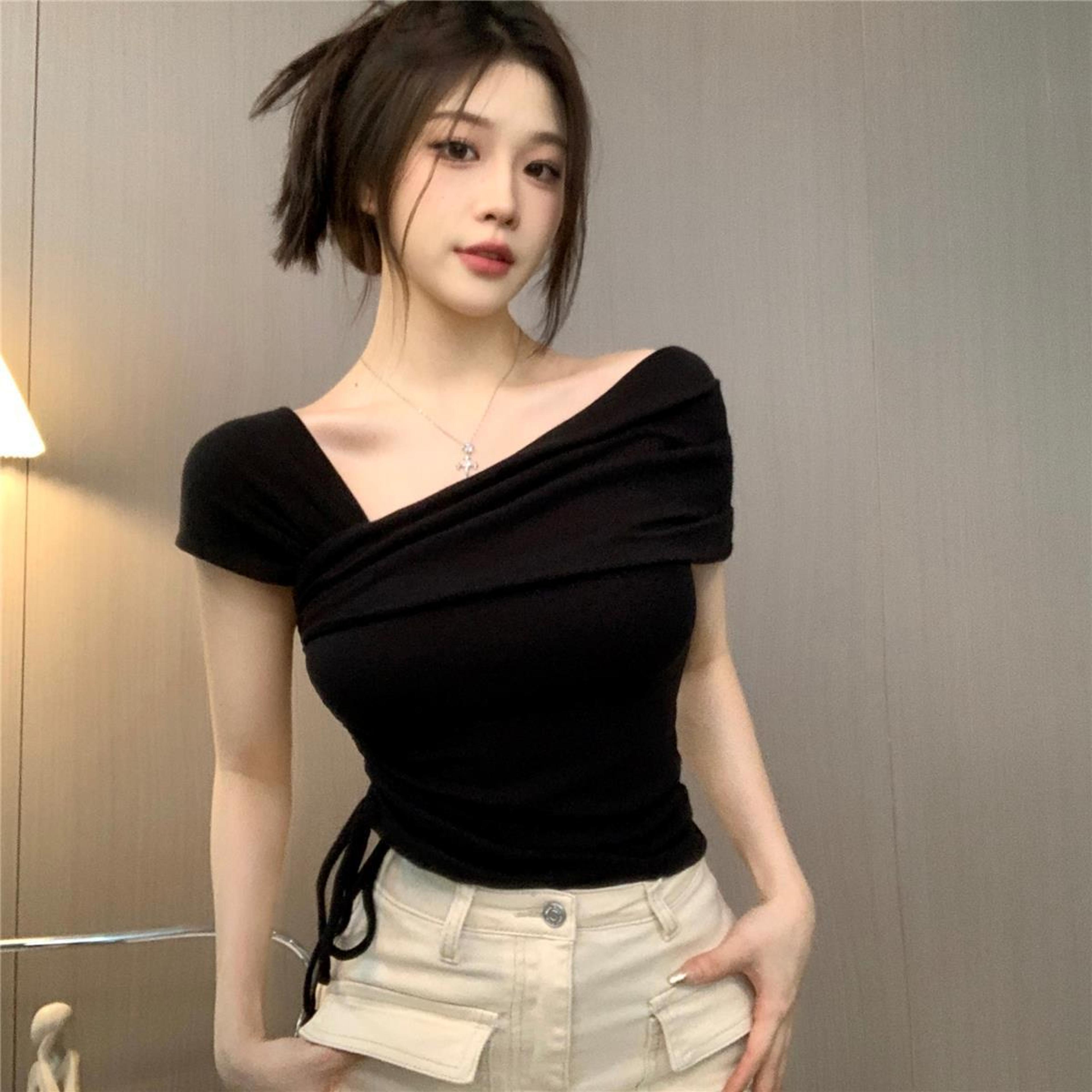 women's off shoulder top asymmetrical wrap side tie fitted summer blouse