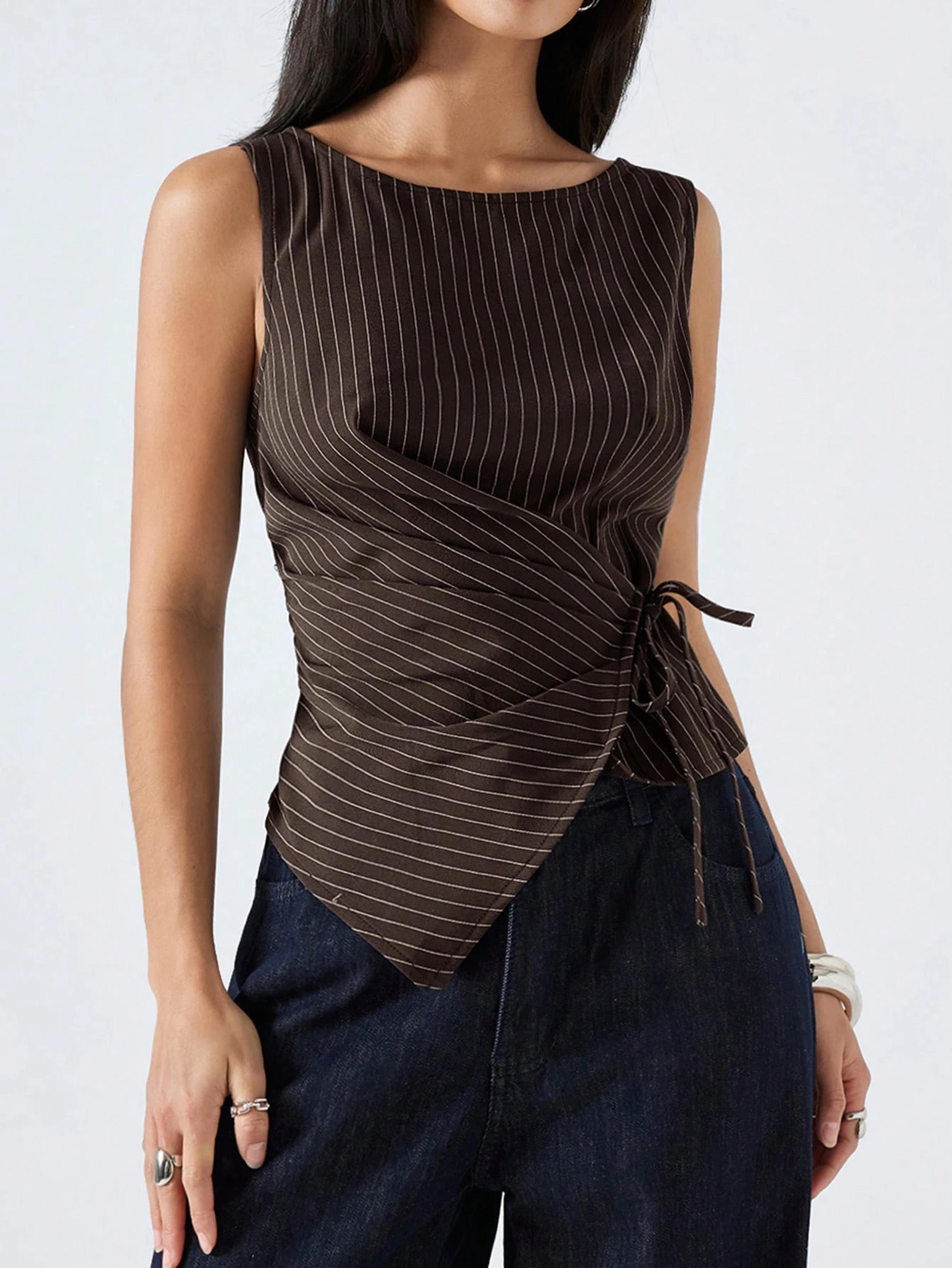 elegant striped sleeveless top for women slim fit side tie asymmetrical summer tank