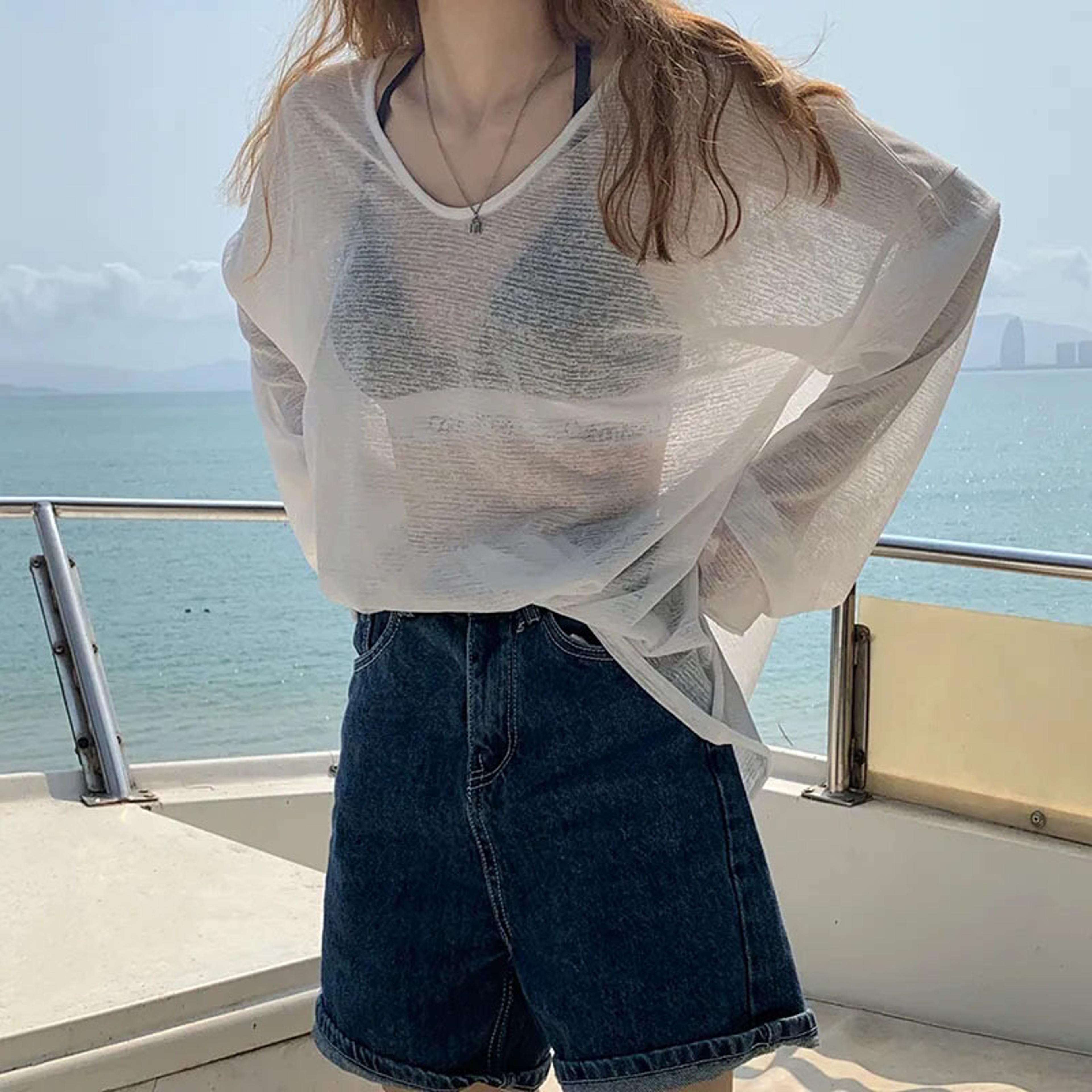 women's beach cover up lightweight sun protection shirt sheer v neck summer top