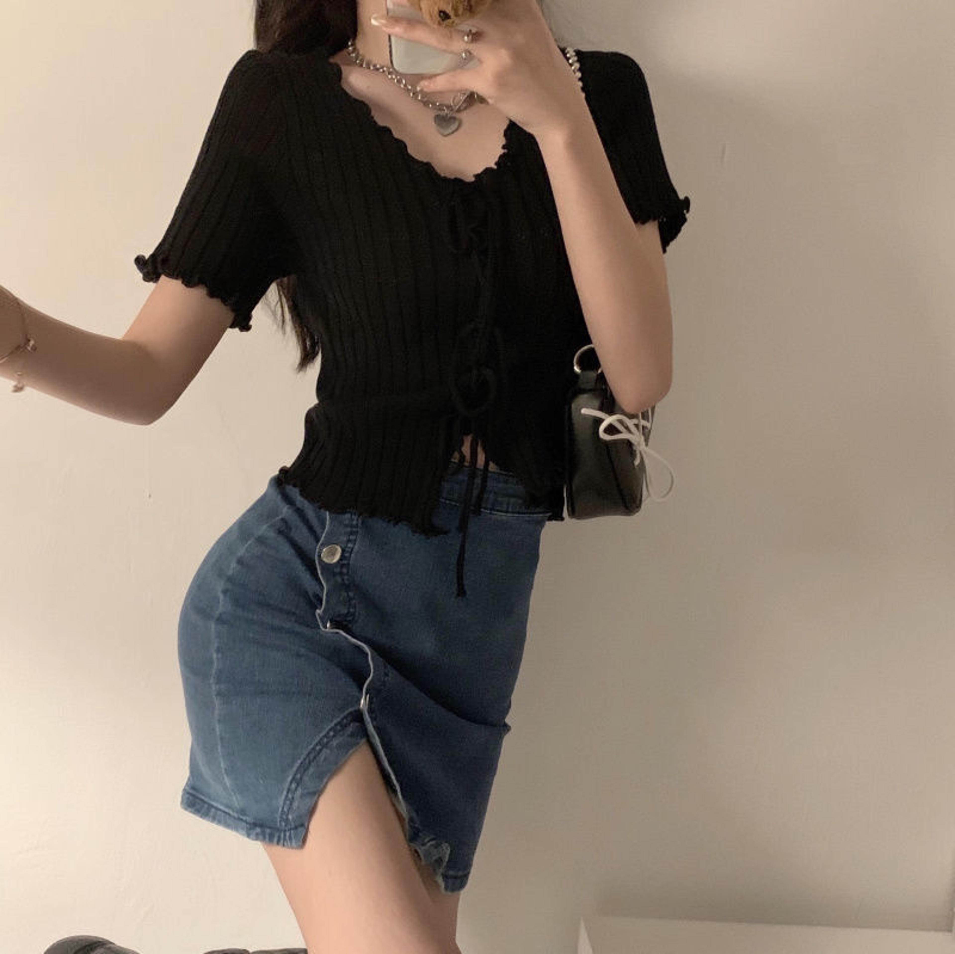 women's ribbed crop top v-neck knit summer casual t-shirt