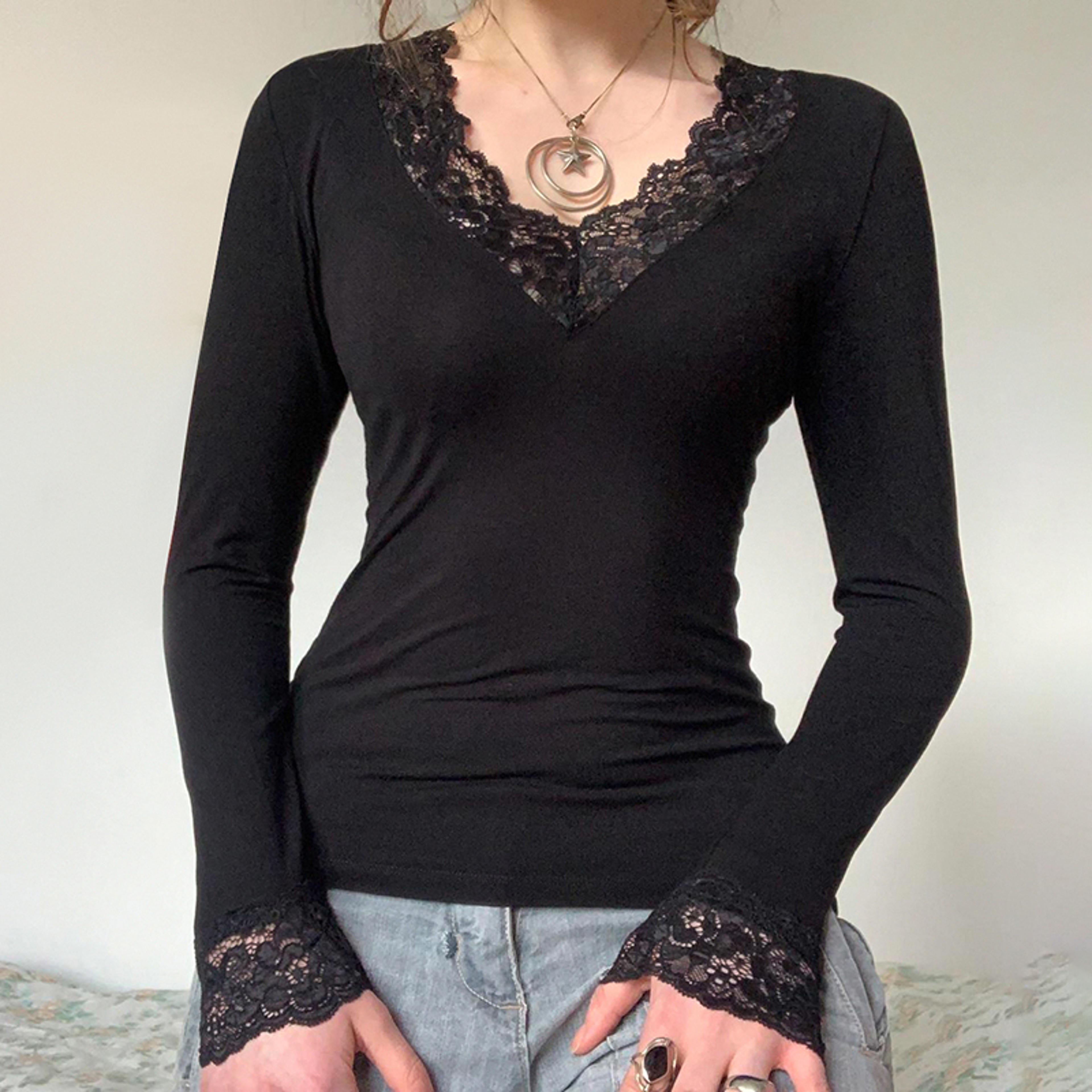 lace patchwork v neck fitted top for women long sleeve black slim fit tee