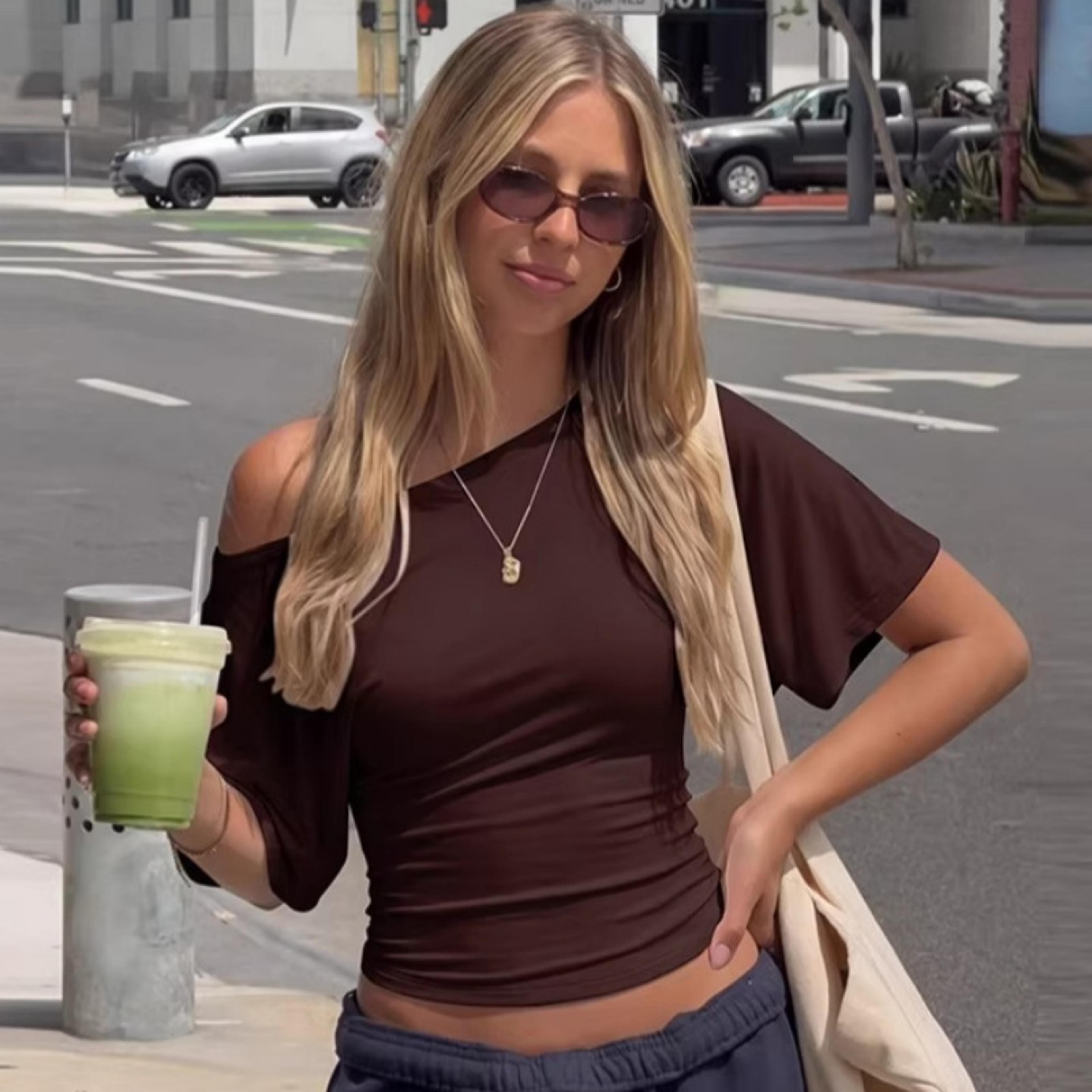 women's off shoulder asymmetrical neck top drawstring waist slim fit casual t-shirt