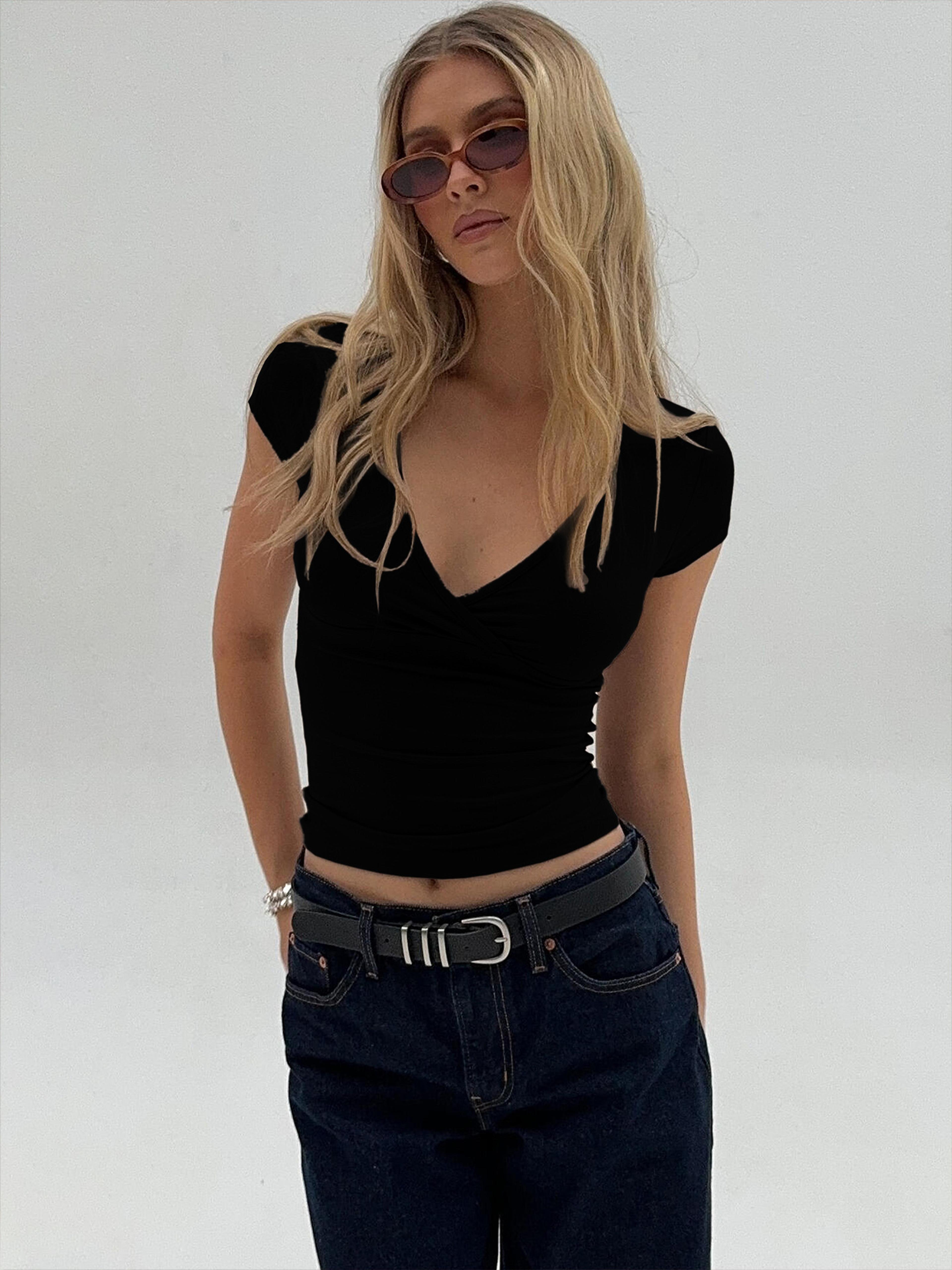 deep v neck t shirt for women slim fit waist slimming summer casual top
