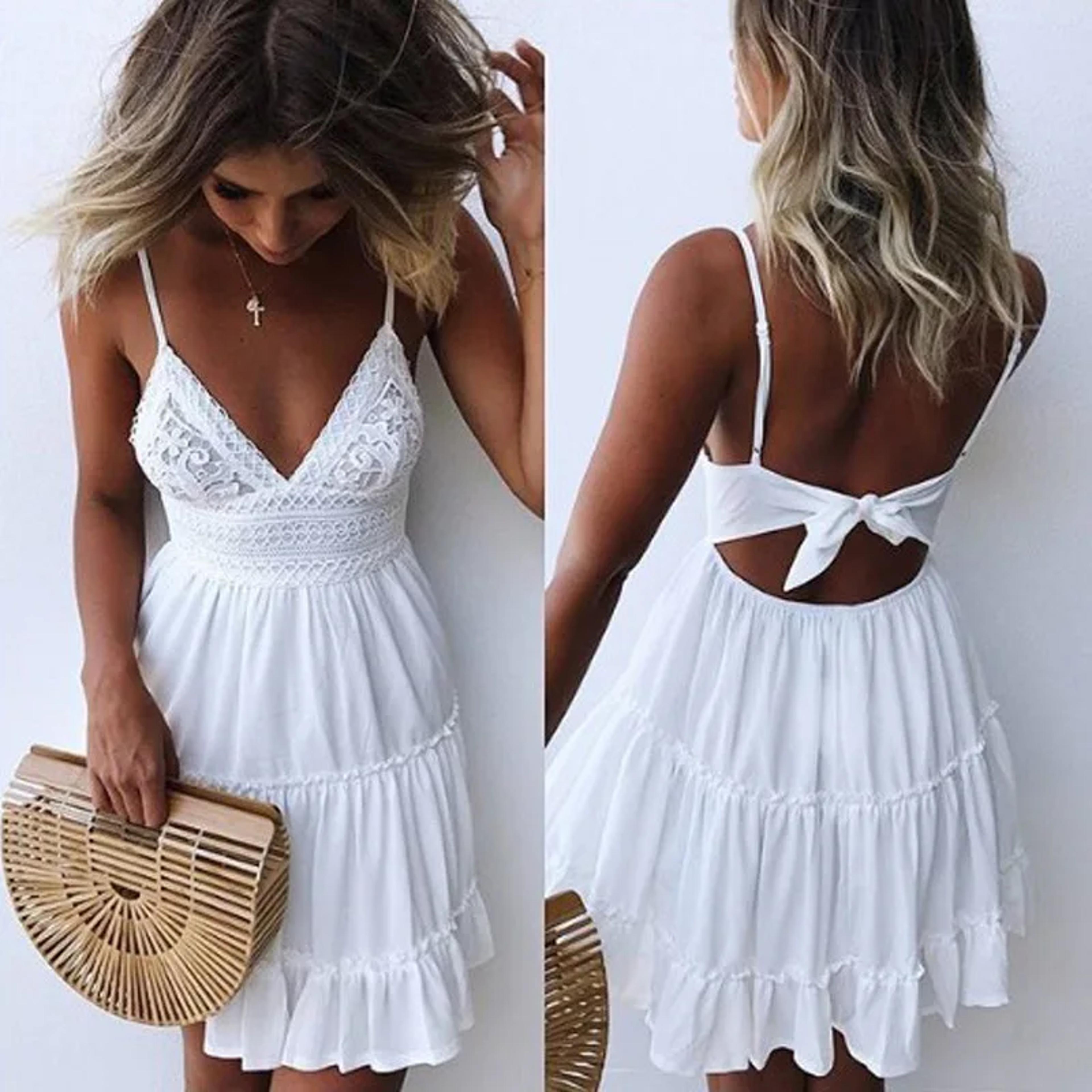white summer lace mini dress for women spaghetti strap boho beach party dress with open back
