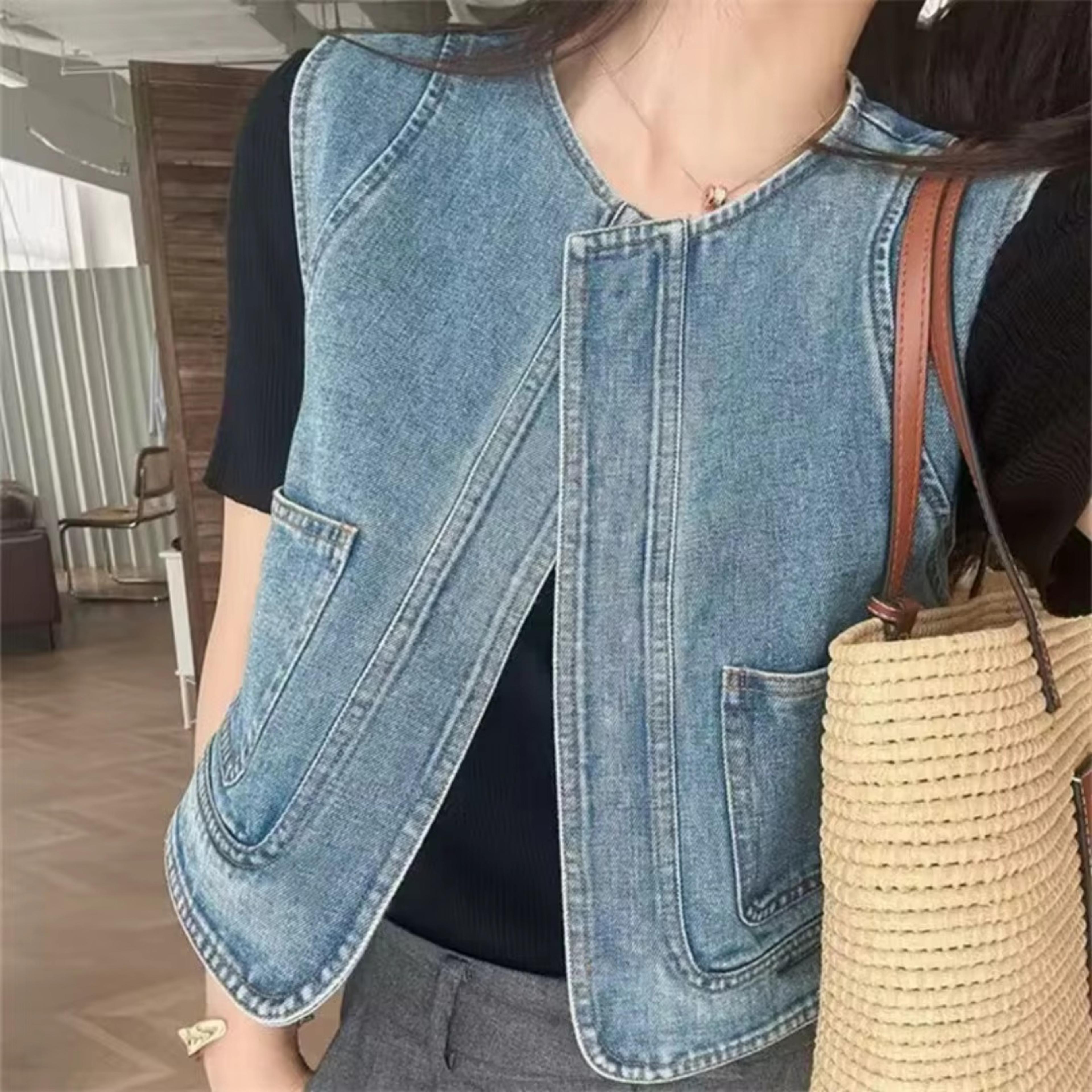 women's denim vest women casual sleeveless jean waistcoat with pockets for spring & summer
