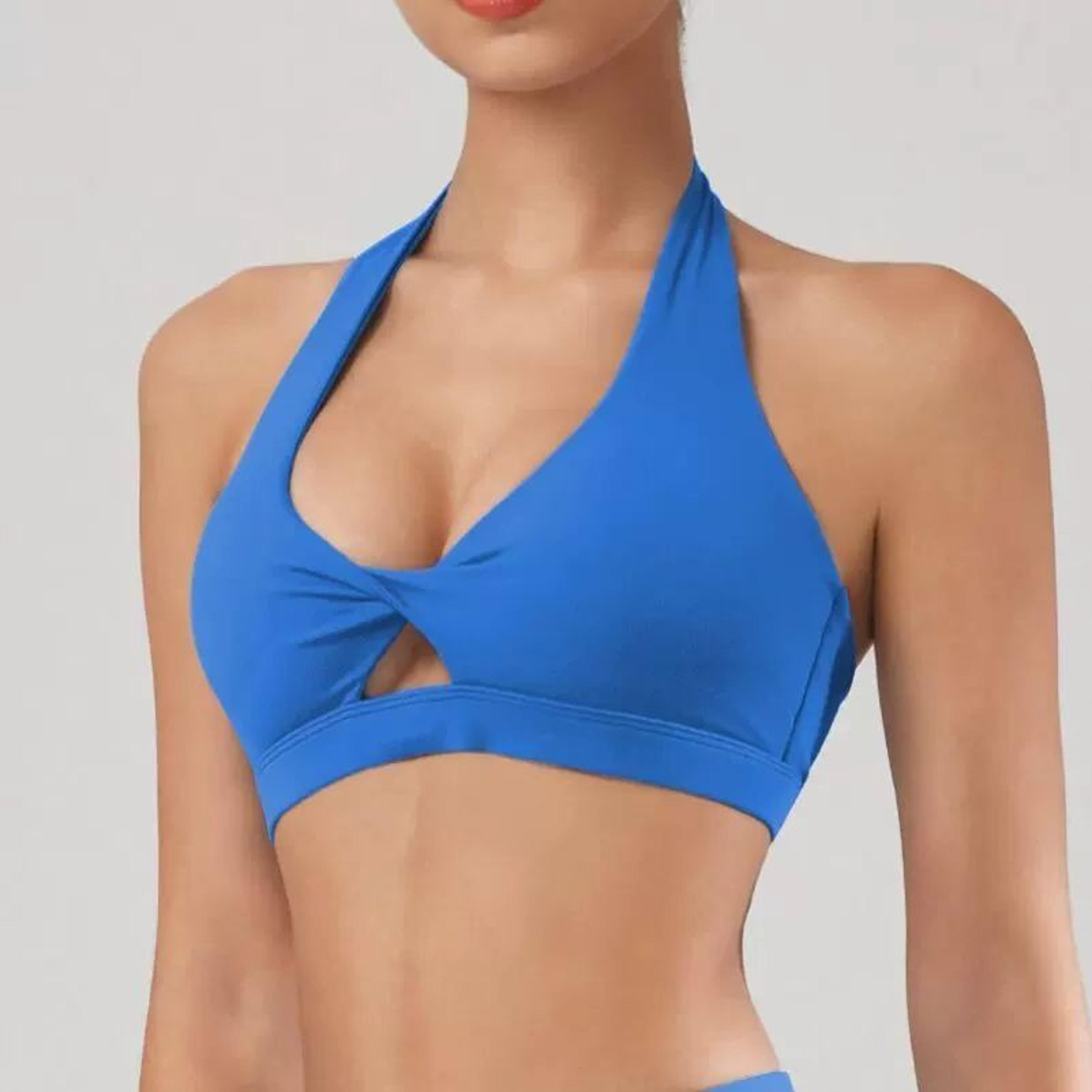 twist halter sports bra with built-in pads for yoga, pilates & high-impact training
