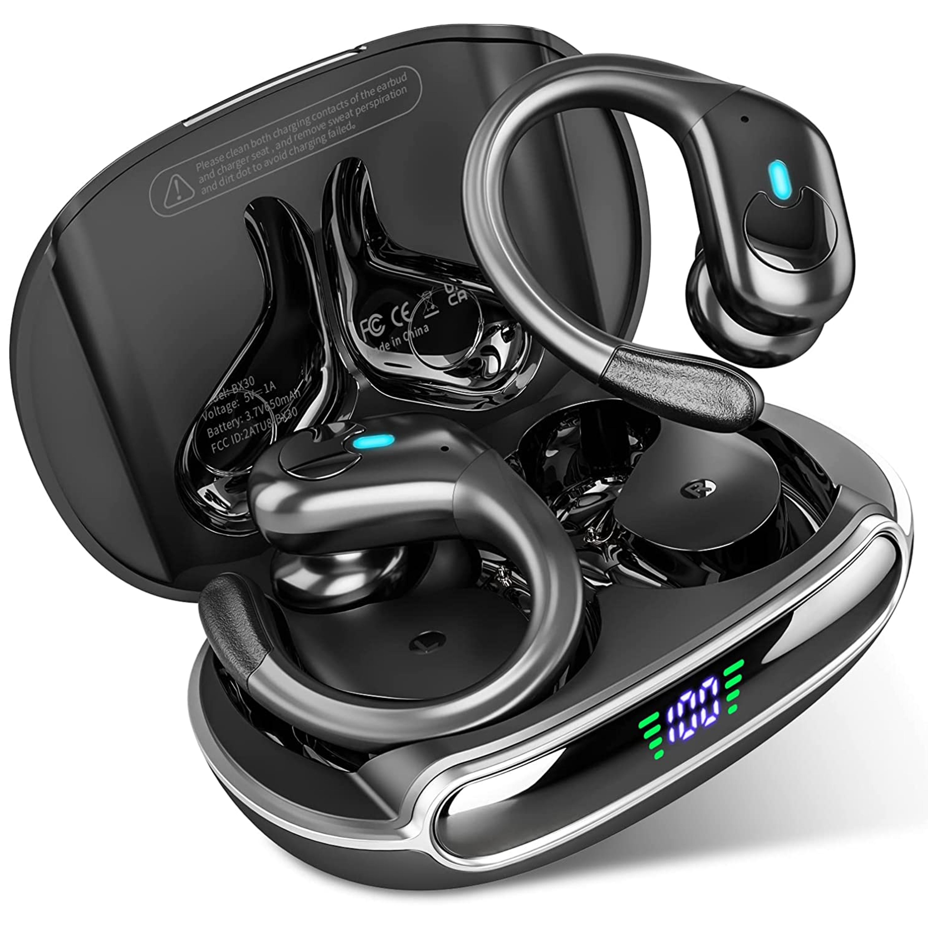 bluetooth earbuds with led display, hifi stereo & secure sports fit