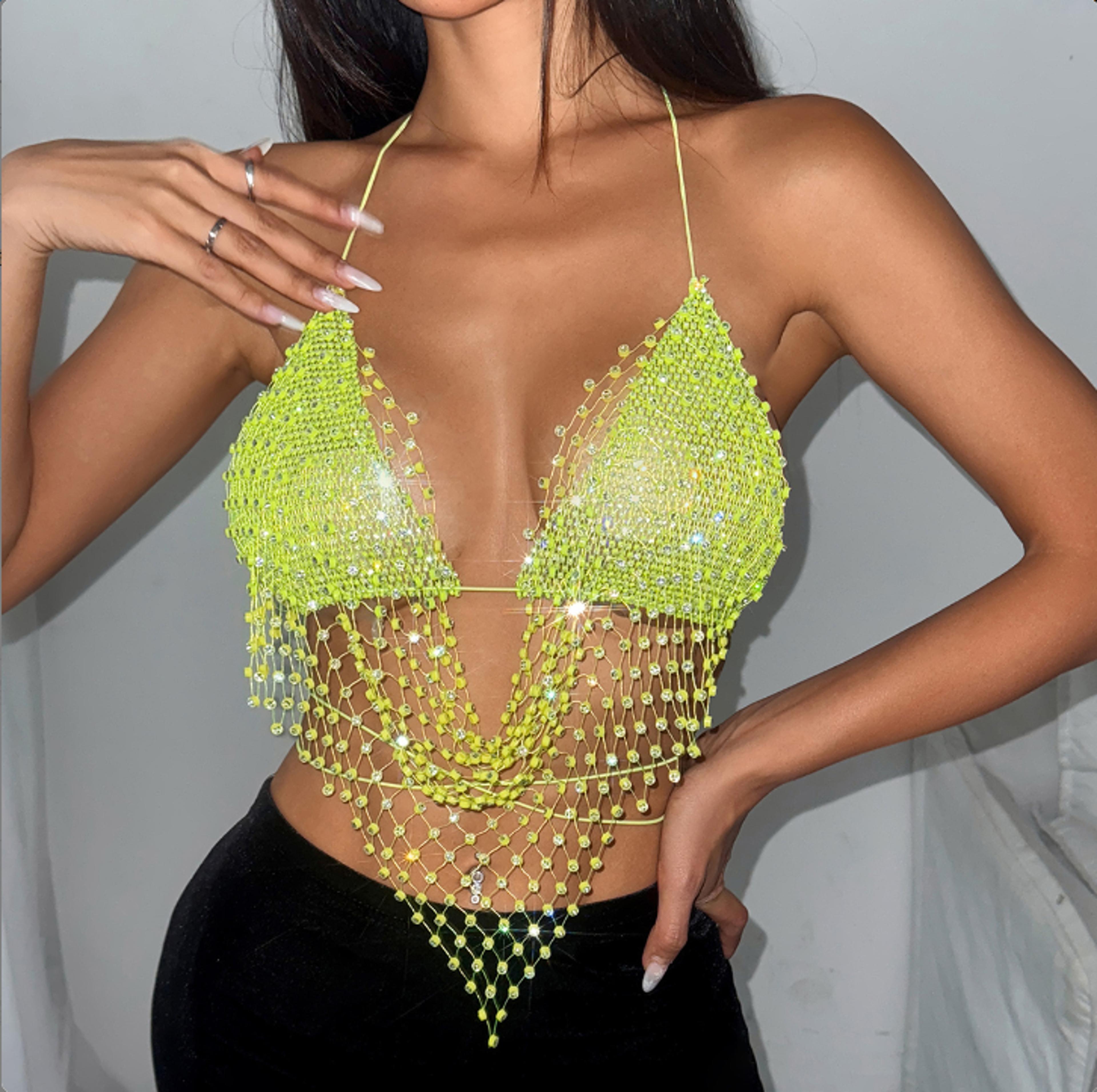 sparkle luxe rhinestone crop top mesh camisole backless clubwear tank for women