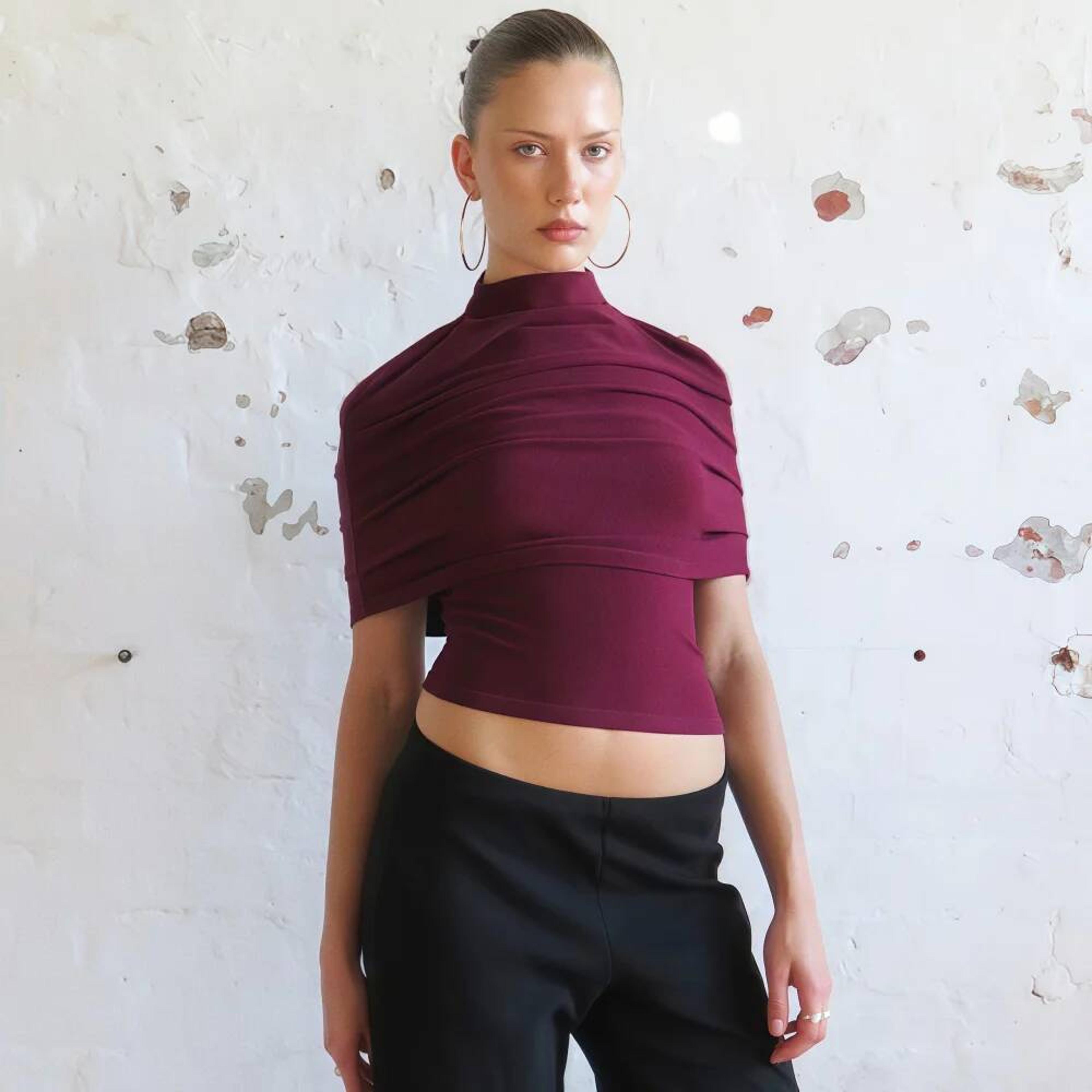 elegant women's outfit with strapless tank top & pleated turtleneck shawl