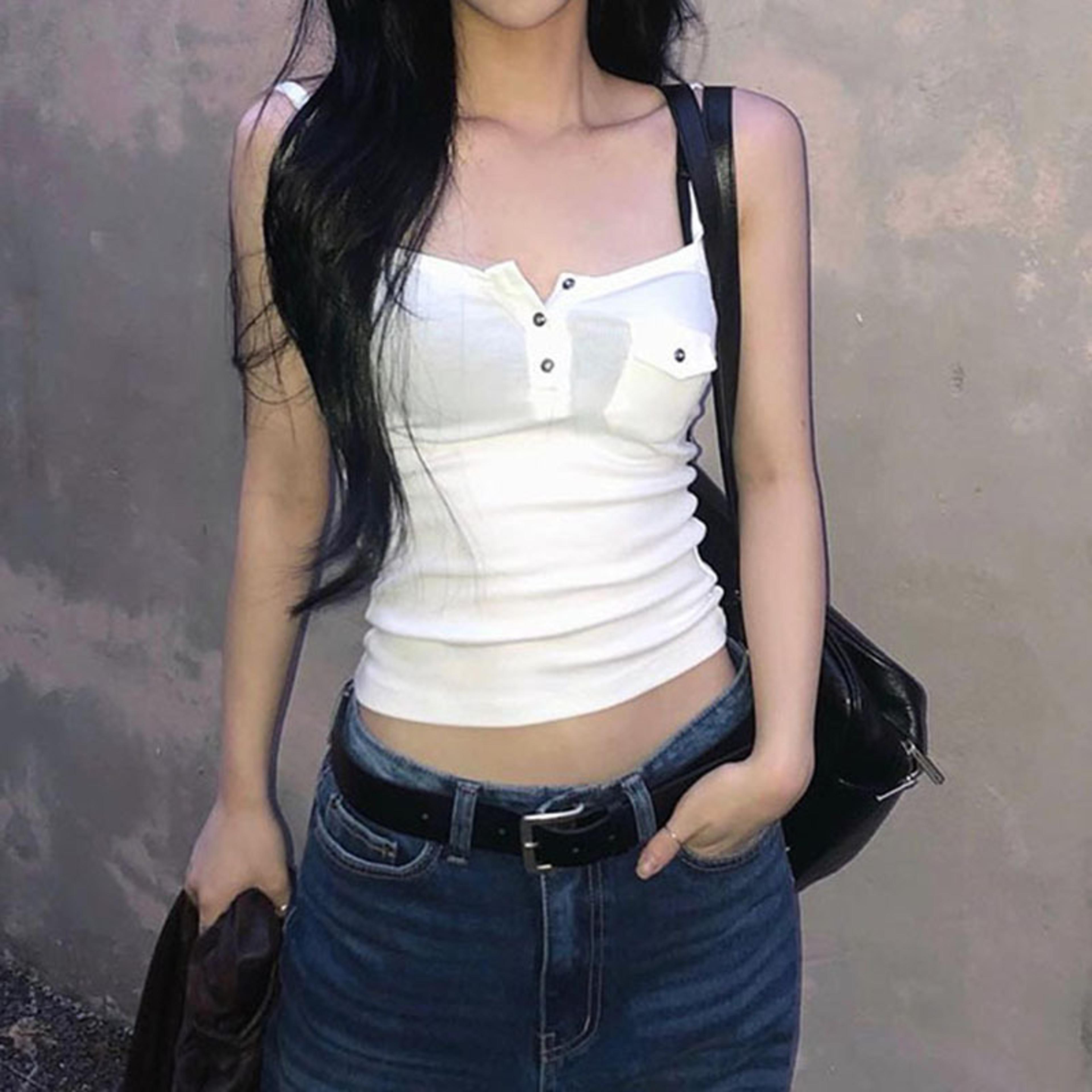 women's slim fit tank top with pocket ribbed casual crop cami for streetwear