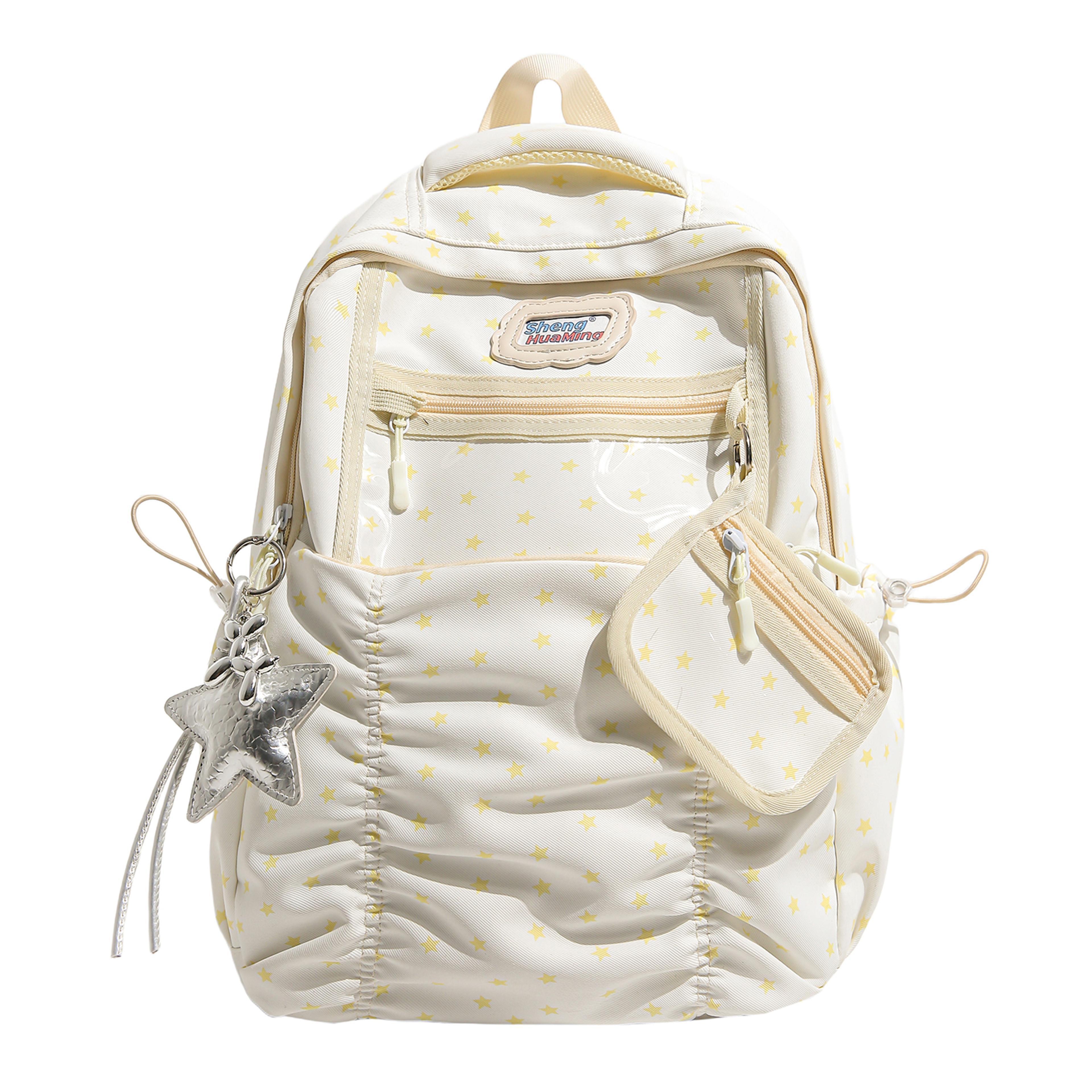 back to school backpack star print nylon backpack for women cute casual daypack with transparent front pocket