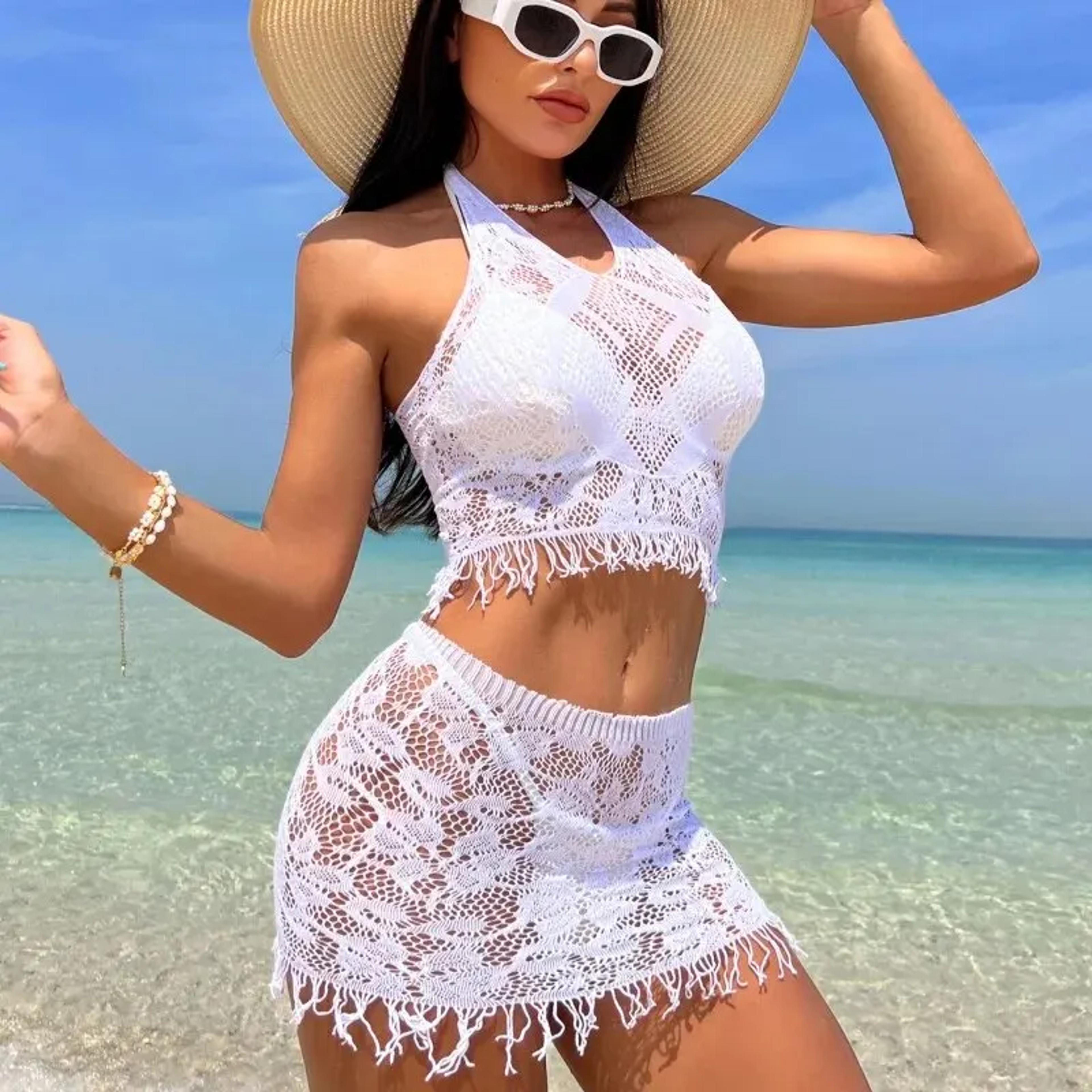 fishnet beach cover up dress set for women mesh swimsuit cover up with tassel