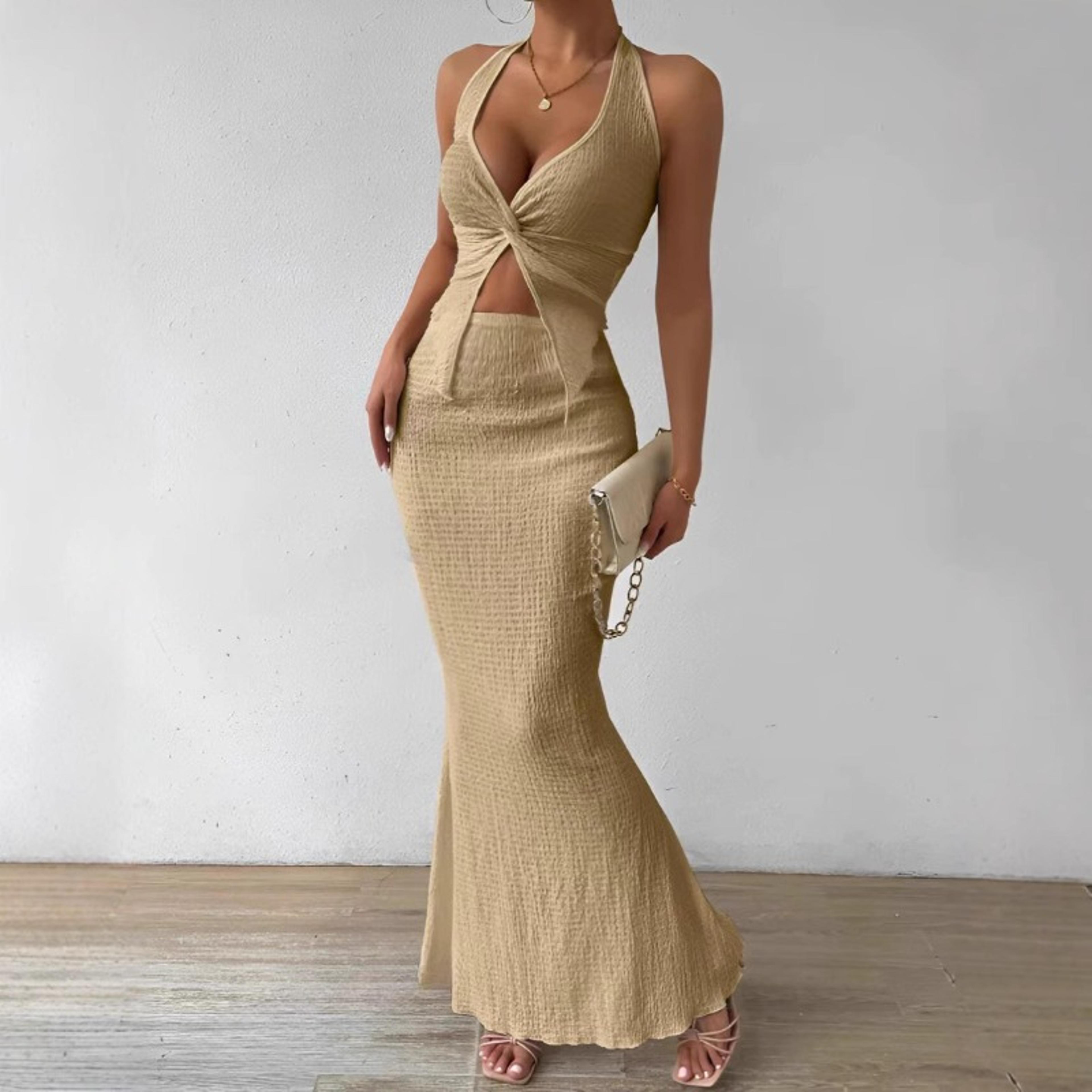 elegant white two piece skirt set for women summer matching maxi outfit with lace up crop top