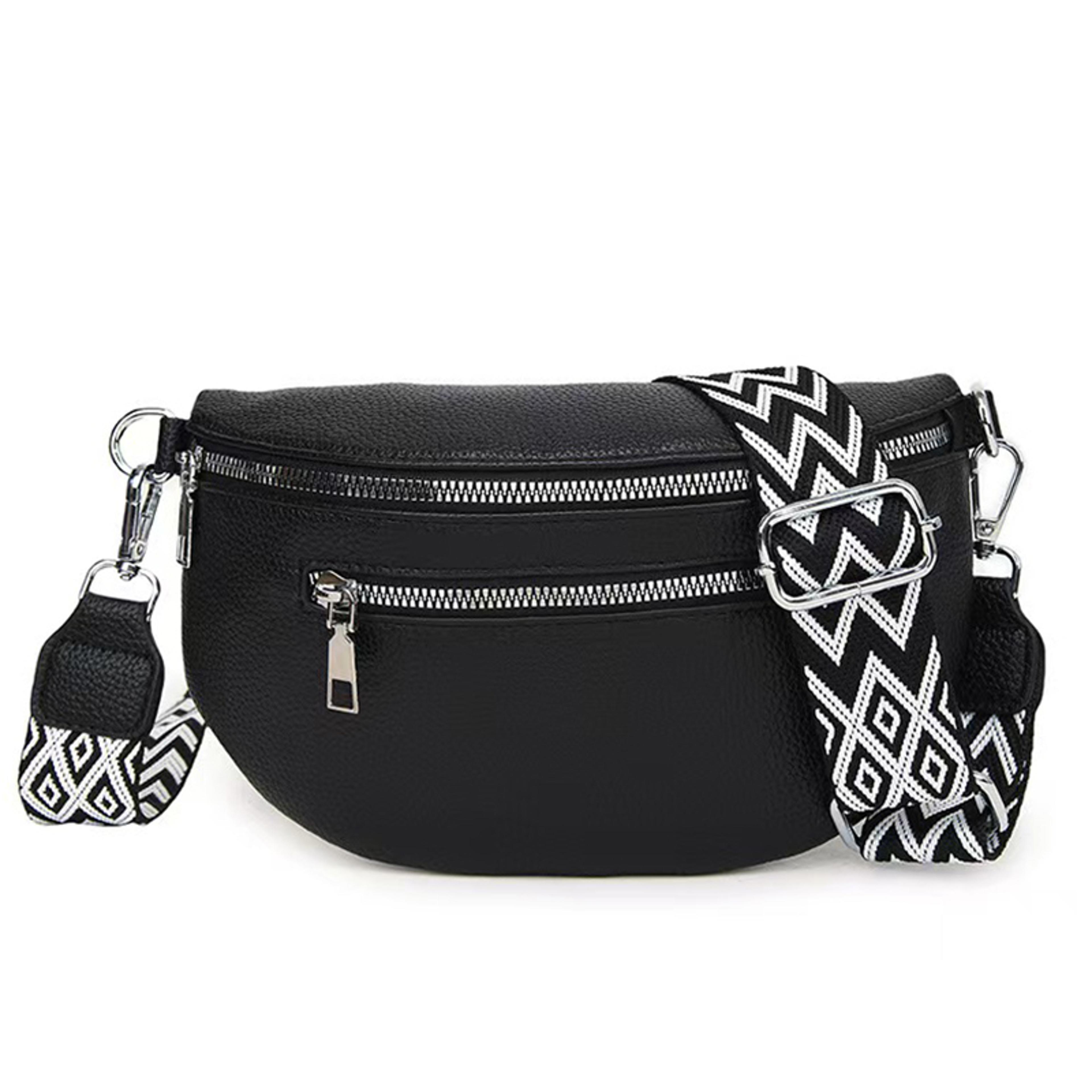 black leather crossbody chest bag for women, fashion belt bag, adjustable geometric strap everyday sling purse