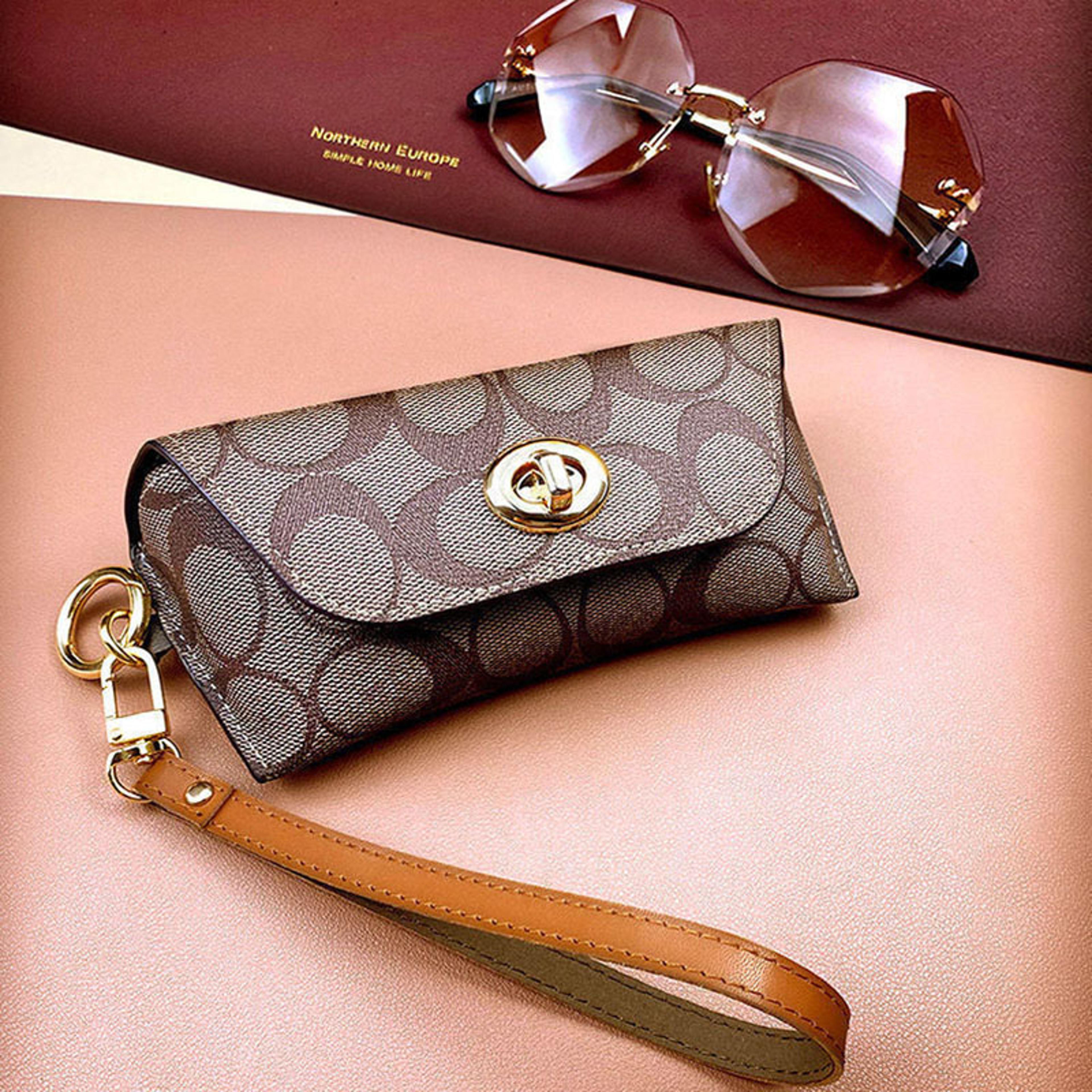 retro leather eyeglasses case pouch with gold charm accent
