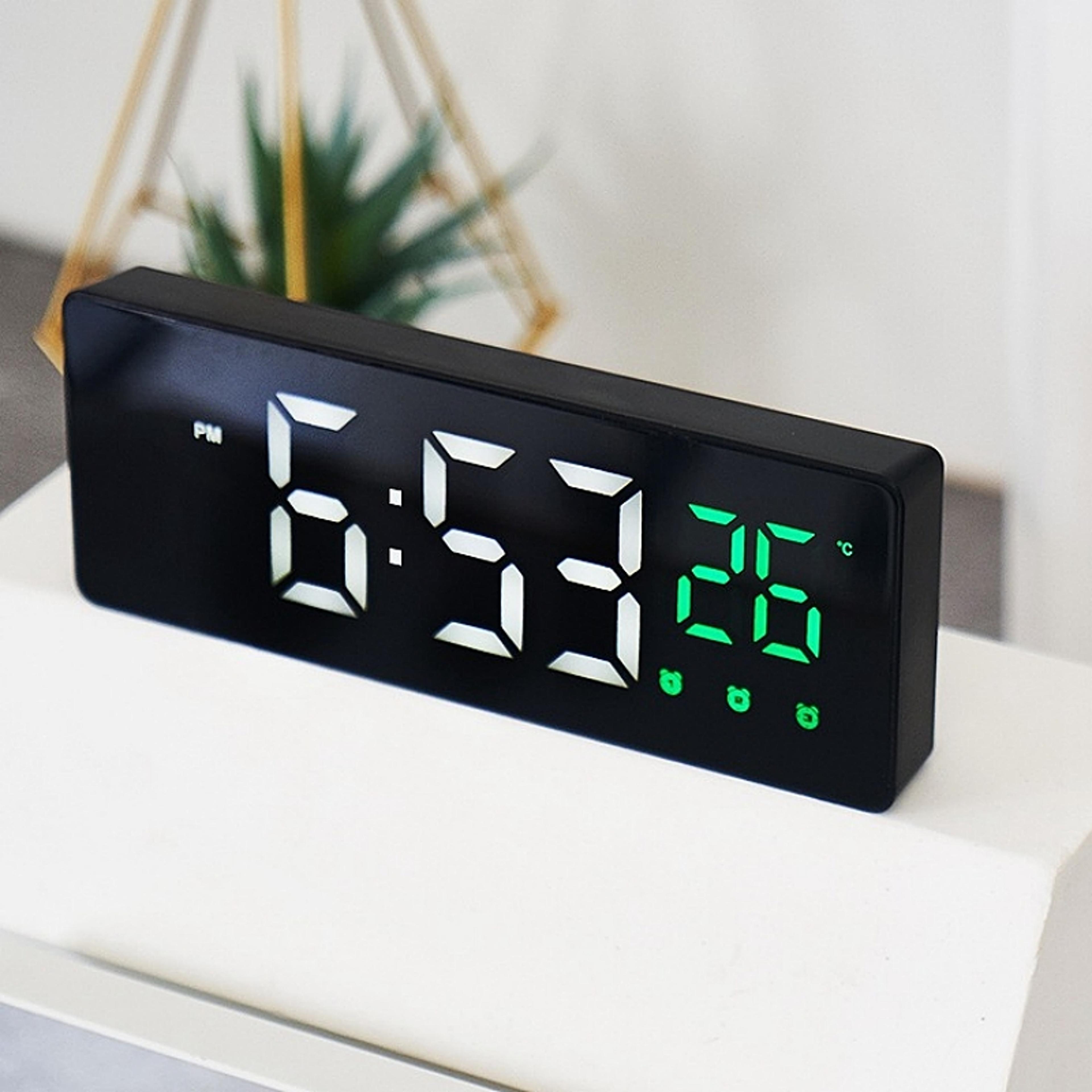 voice control digital alarm clock with led mirror display, temperature date, , usb bedside clock