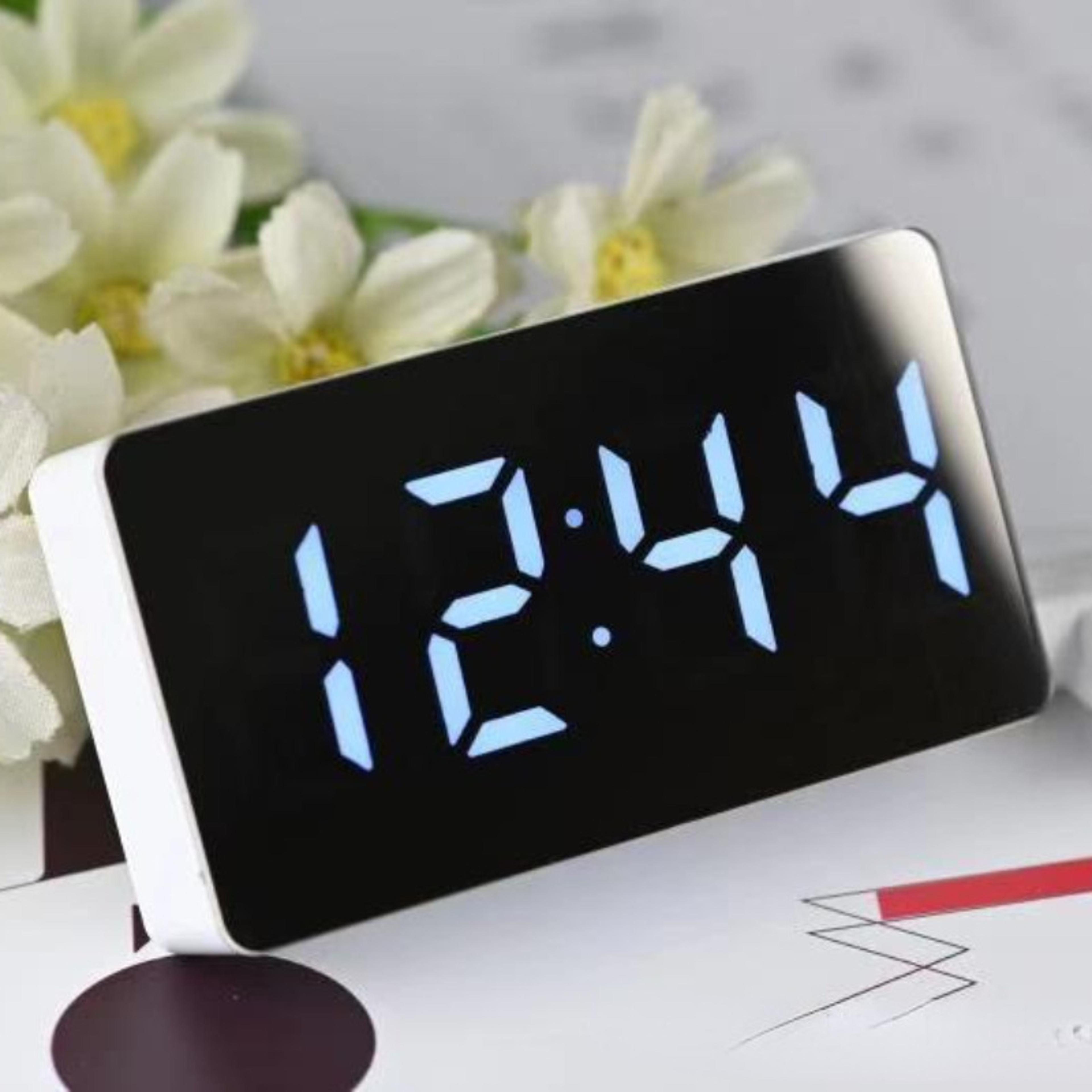 led mirror digital alarm clock with snooze, bedside desk clock, modern led display for home office