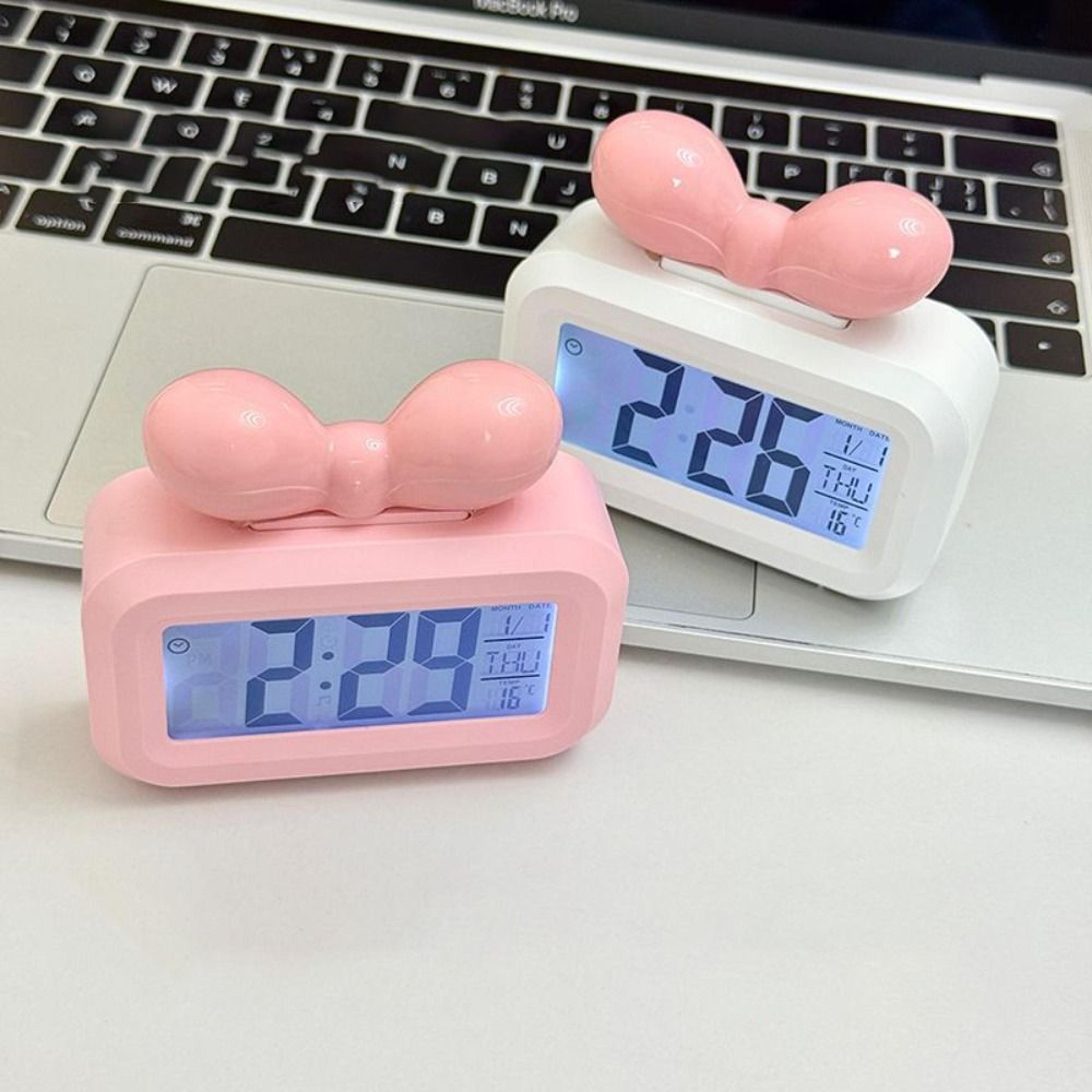 cute led digital alarm clock with bowknot design, temperature display, night light, mini bedside clock
