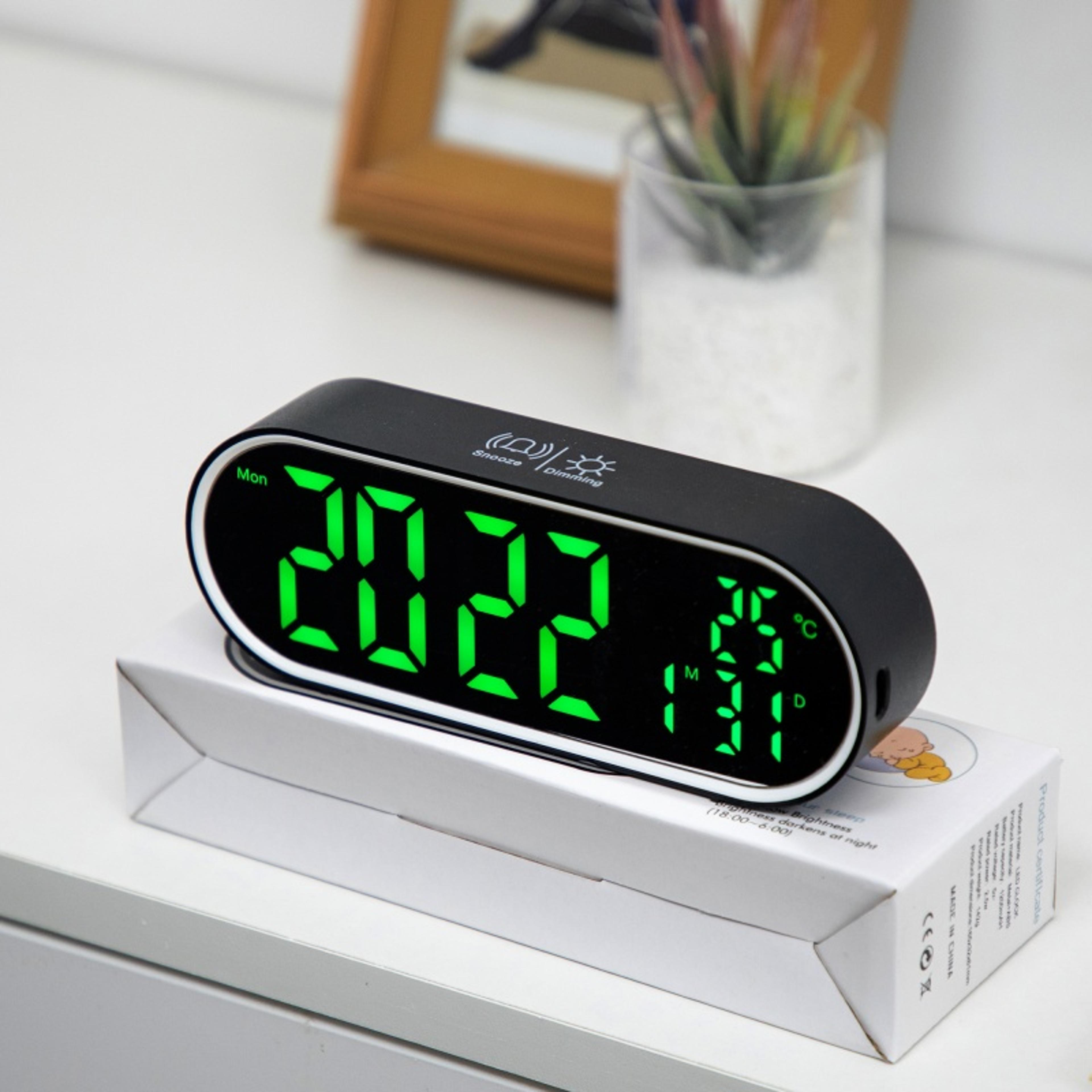 rechargeable digital alarm clock with led mirror display, voice control, dual alarms and temperature display