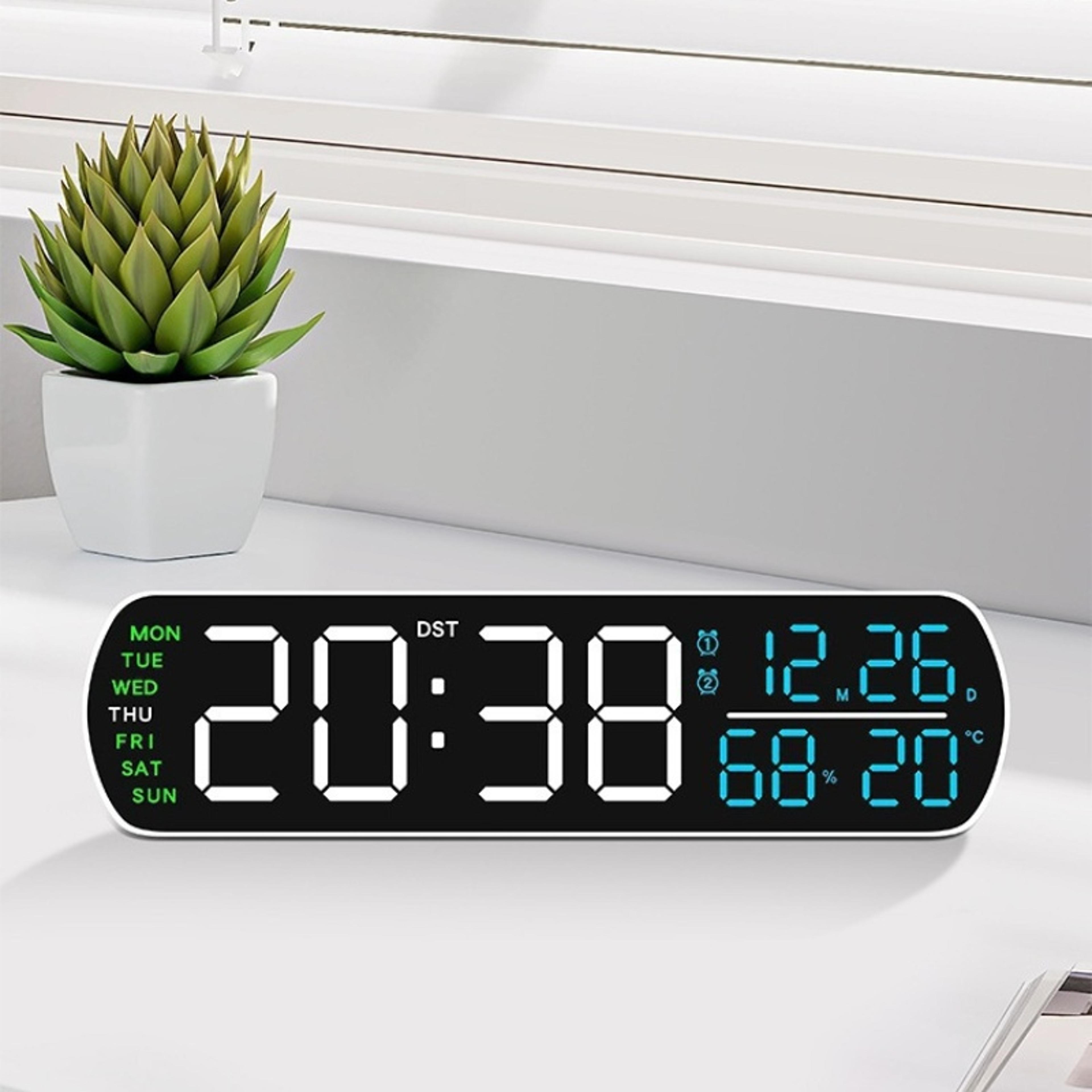 led digital alarm clock with dual alarm, temperature humidity display, auto dimming, snooze timer