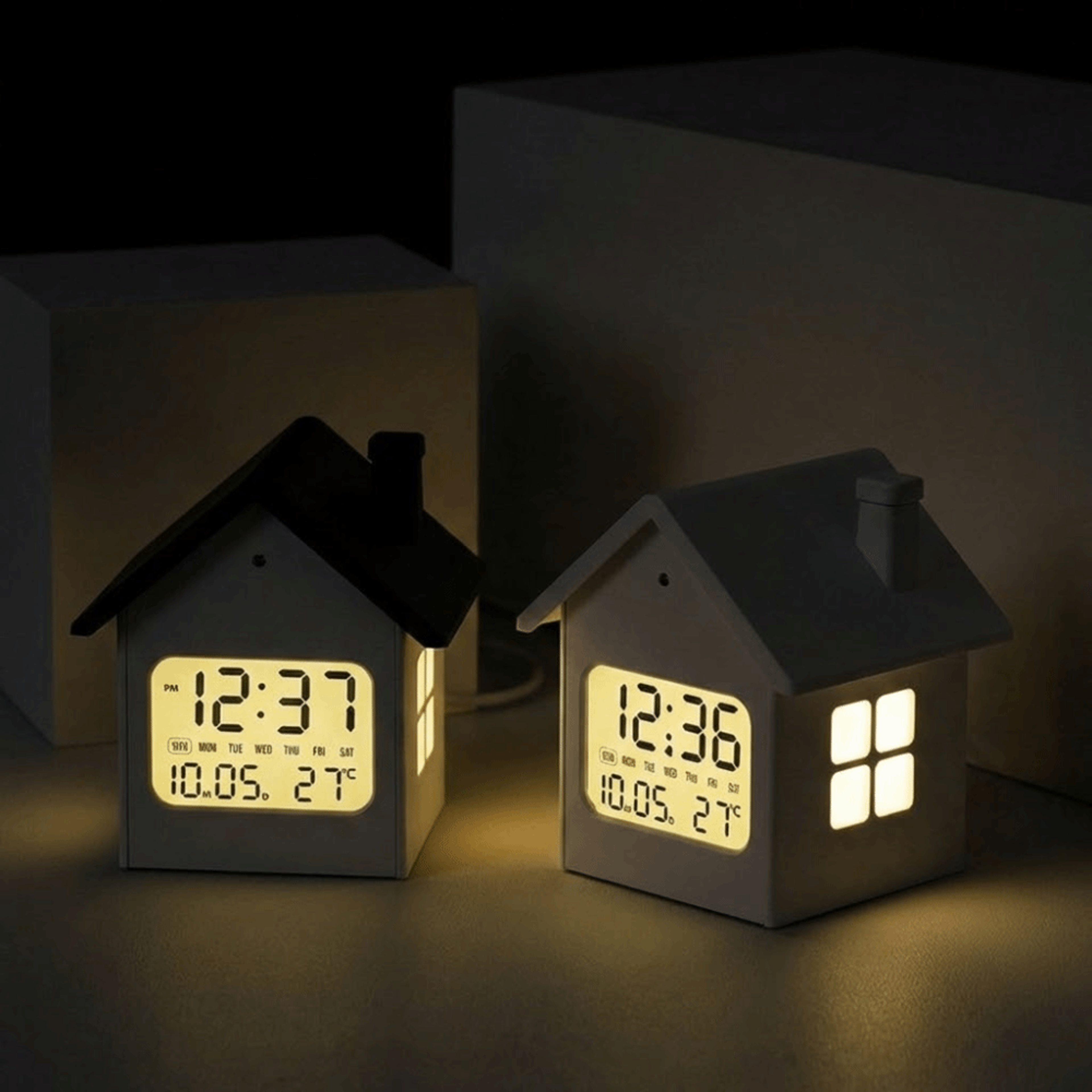 house shape digital alarm clock with lcd display, temperature, date and desk clock for bedroom