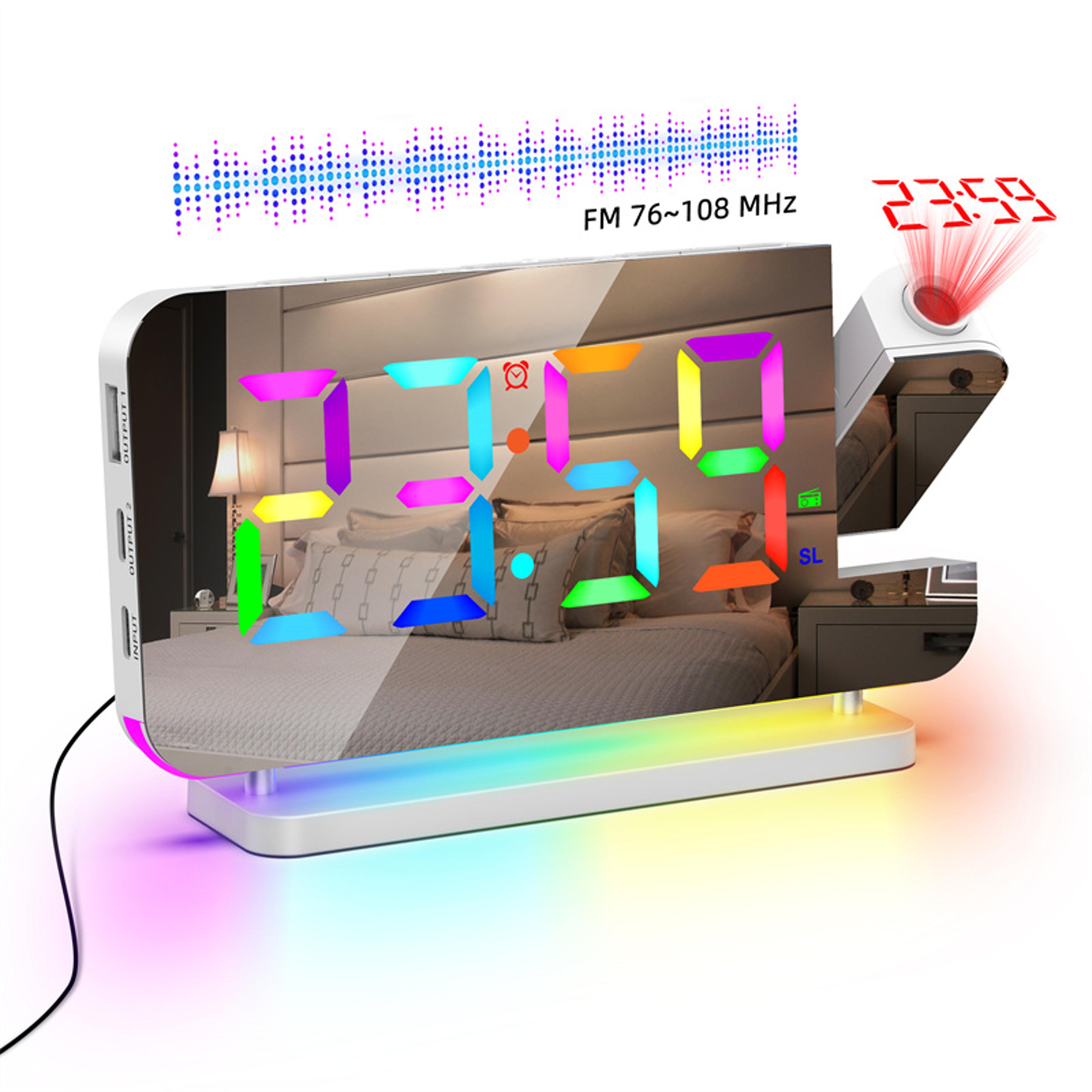 projection alarm clock with fm radio, rgb night light, dual usb charging digital led clock