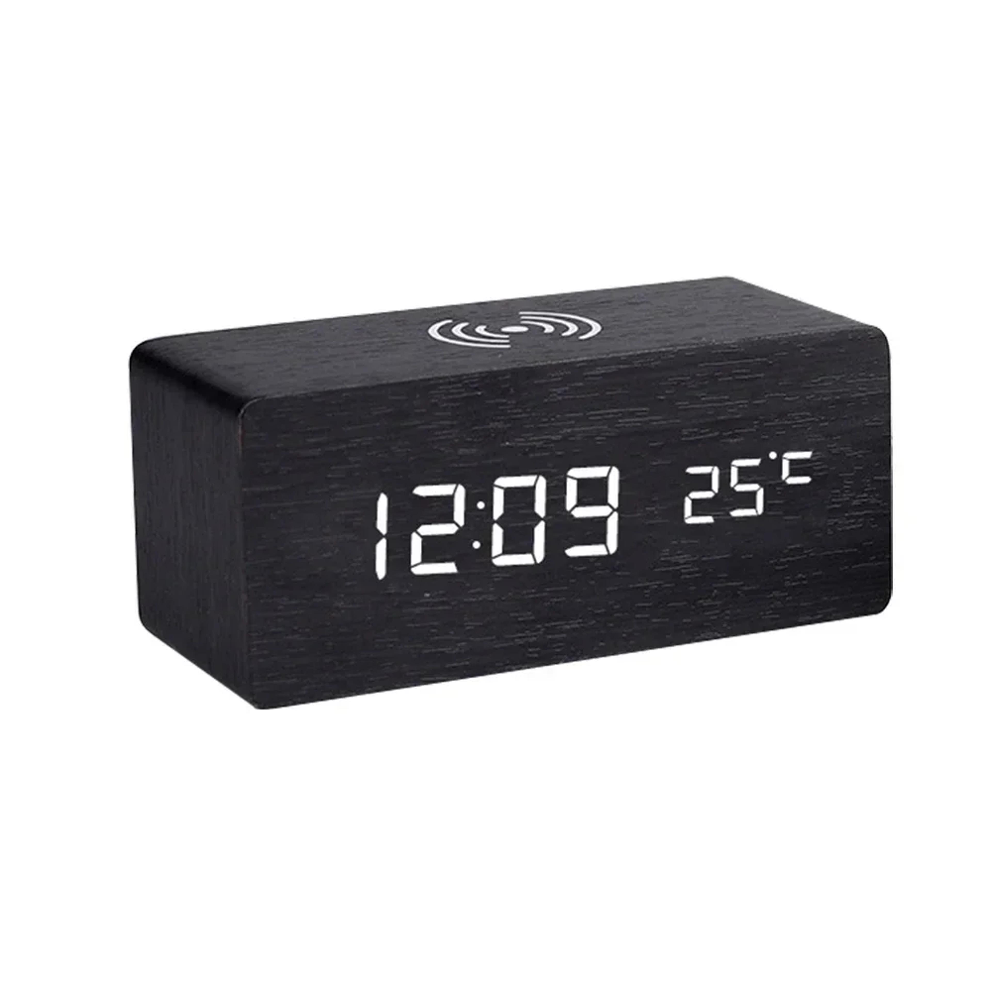 wooden digital alarm clock wireless charging led desk clock with thermometer