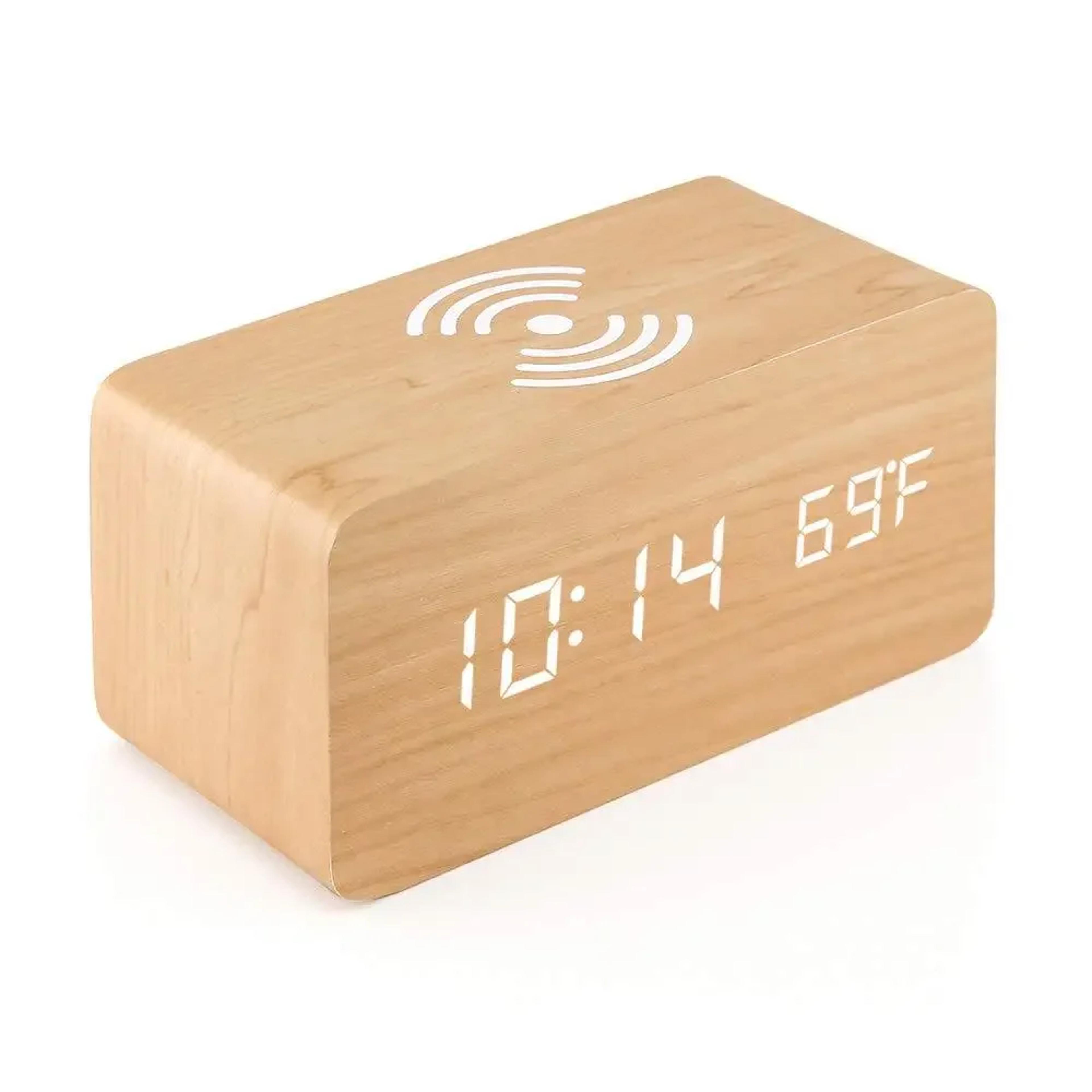 wooden digital alarm clock with wireless charging led bedside clock temperature and humidity display