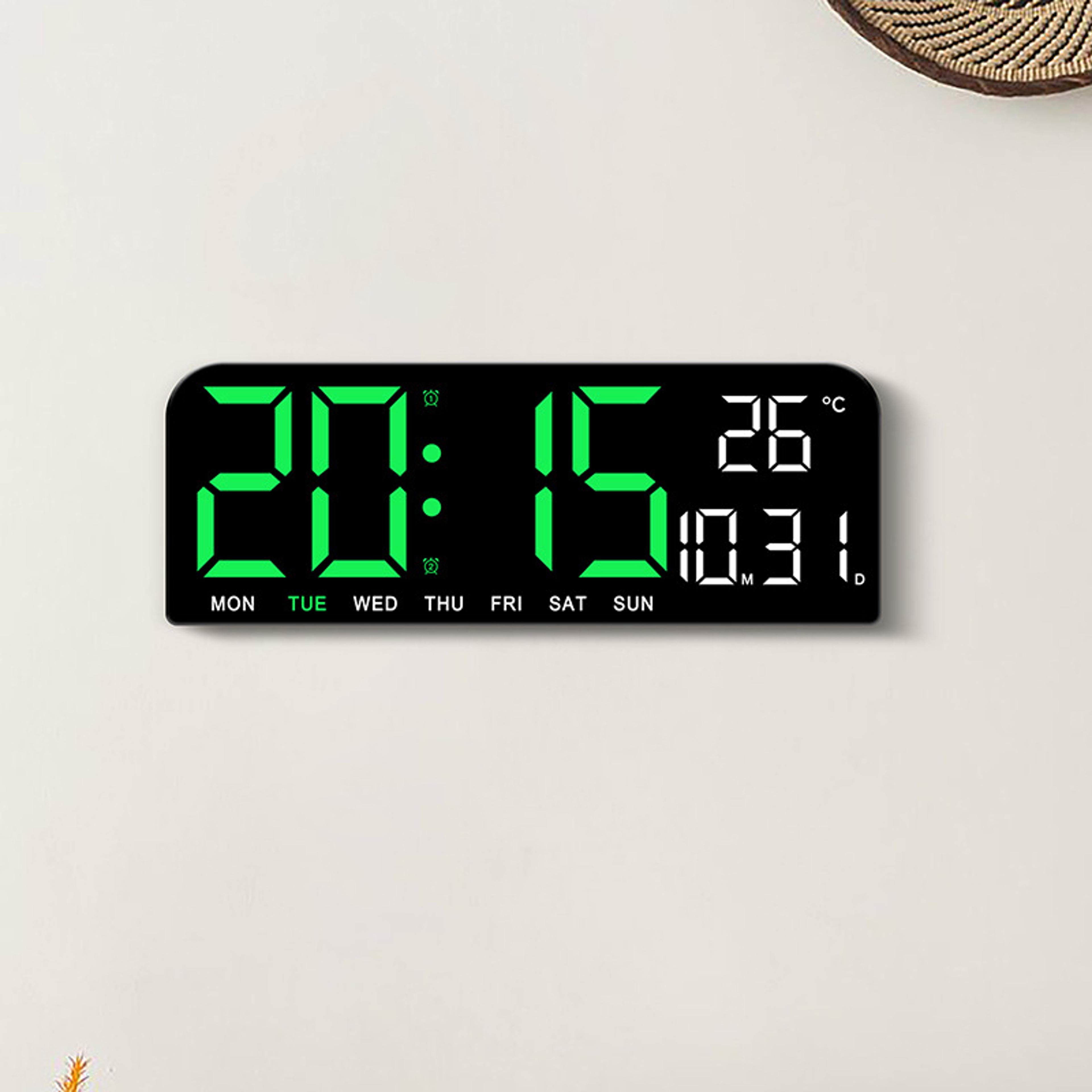 large led digital wall clock with temperature date display dual alarm and adjustable brightness