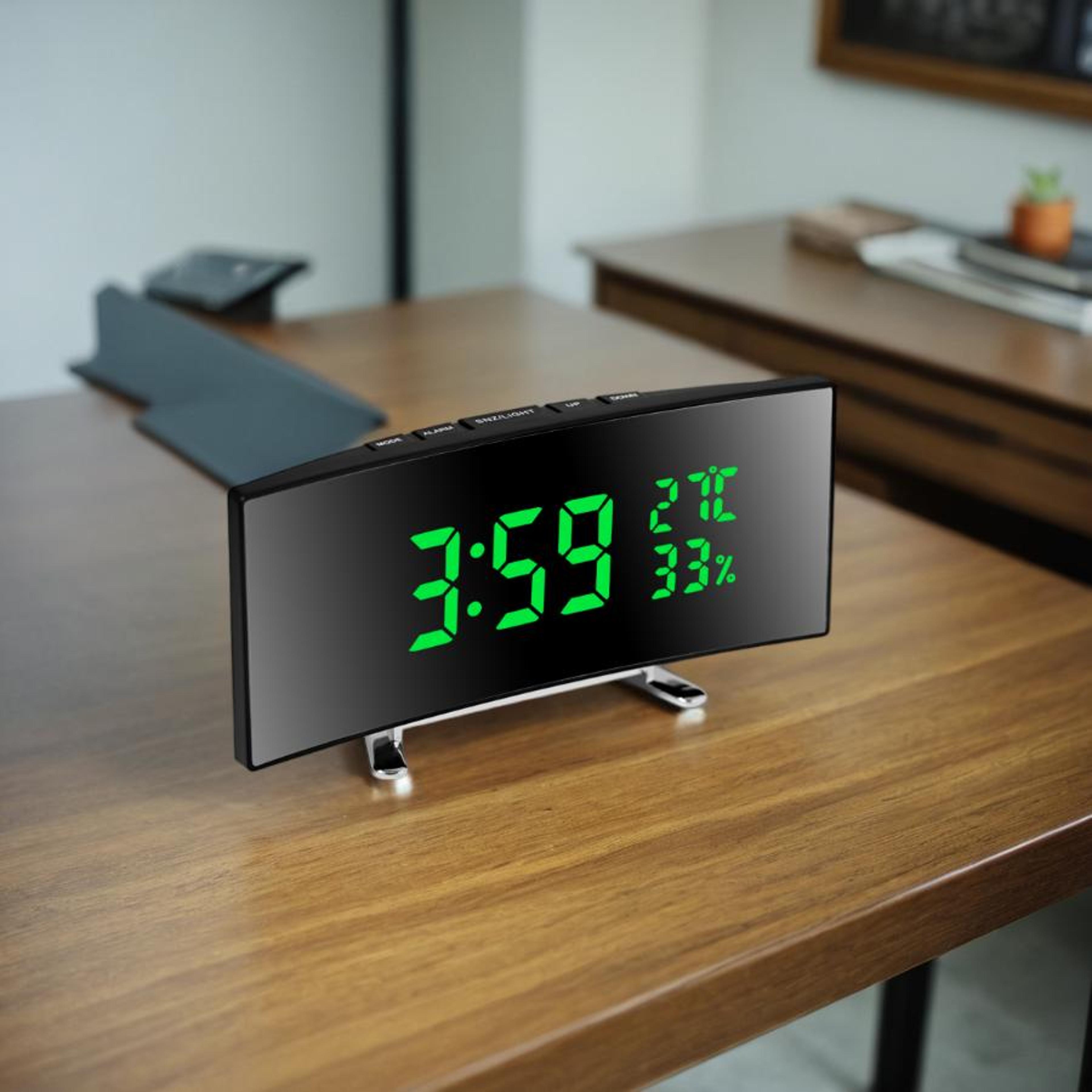 led digital alarm clock with curved screen, temperature display, snooze and night mode for bedside desk