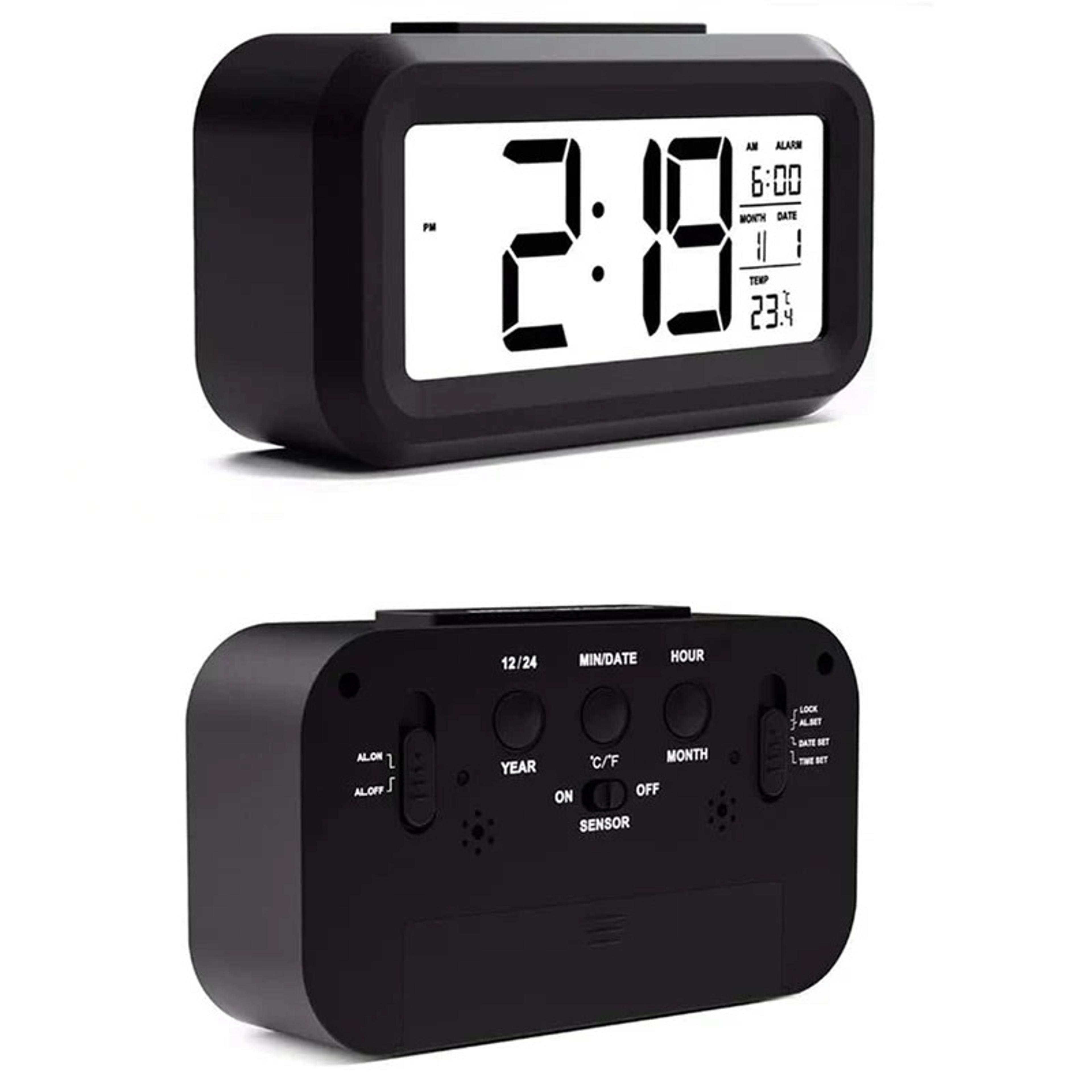 digital alarm clock battery powered lcd bedside clock with temperature date 3 alarms and snooze