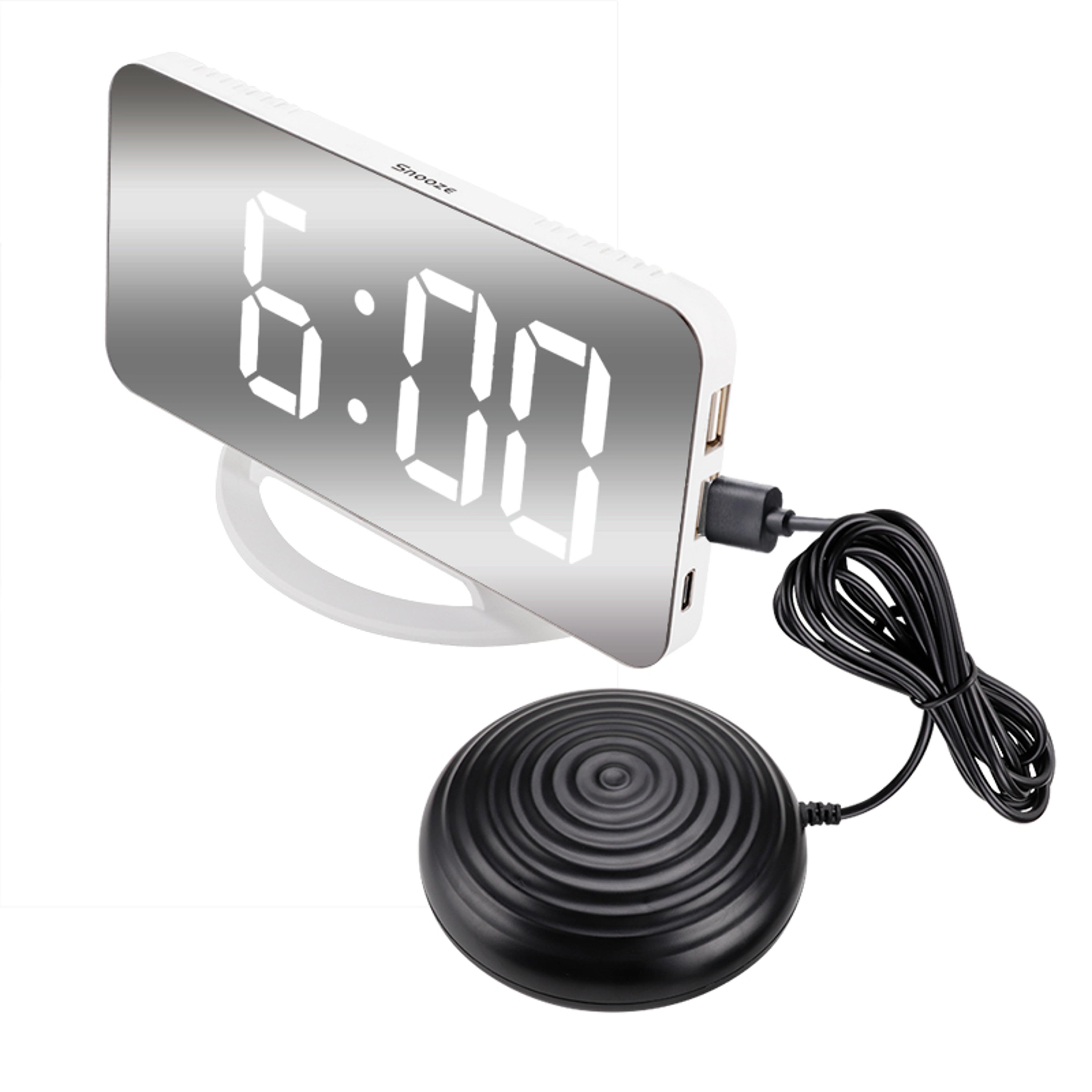led mirror vibrating alarm clock for heavy sleepers, deaf users and bedside wake up