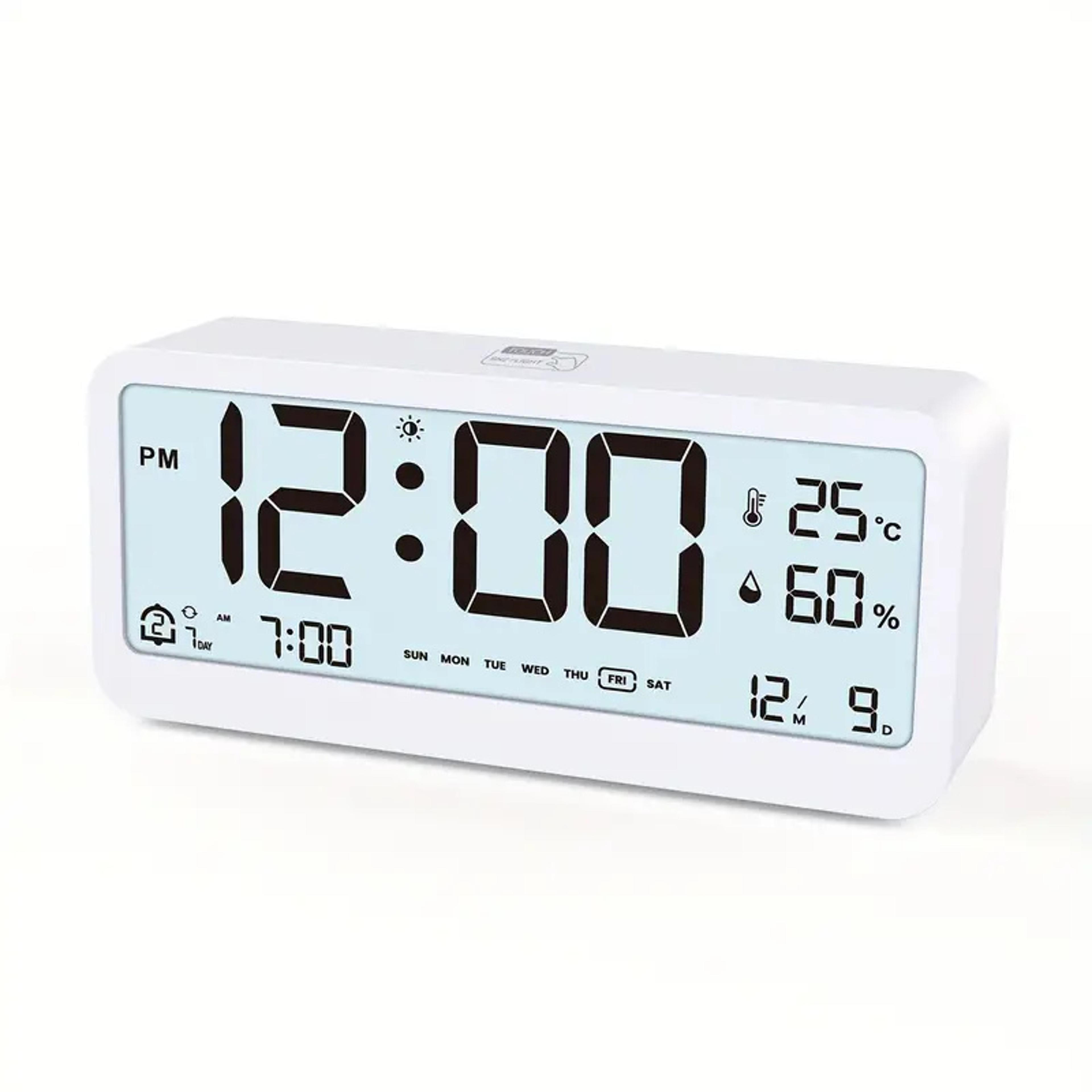 smart lcd digital alarm clock with temperature humidity display, silent bedside calendar clock with snooze