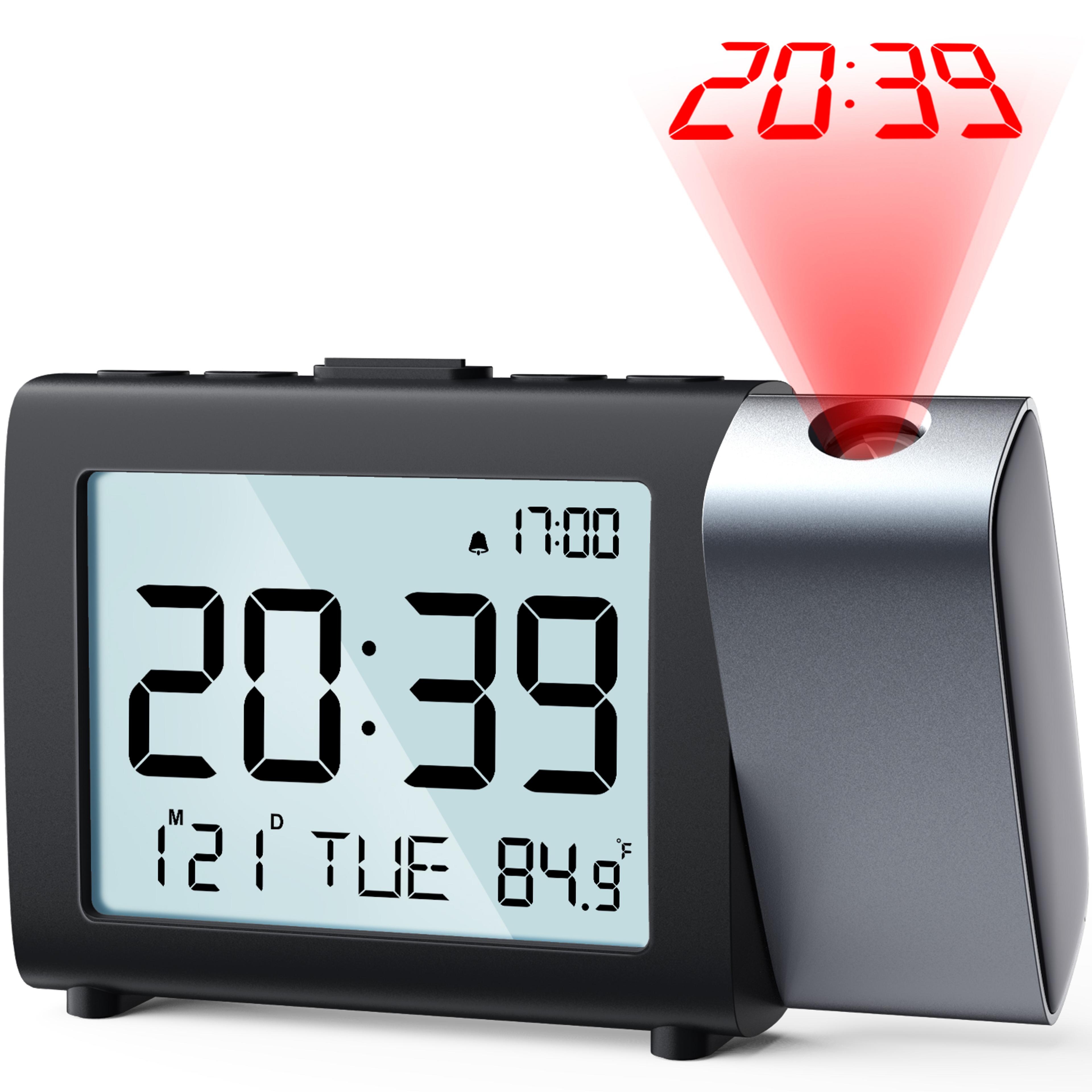 smart projection alarm clock with led display, usb charging, rechargeable bedside digital clock