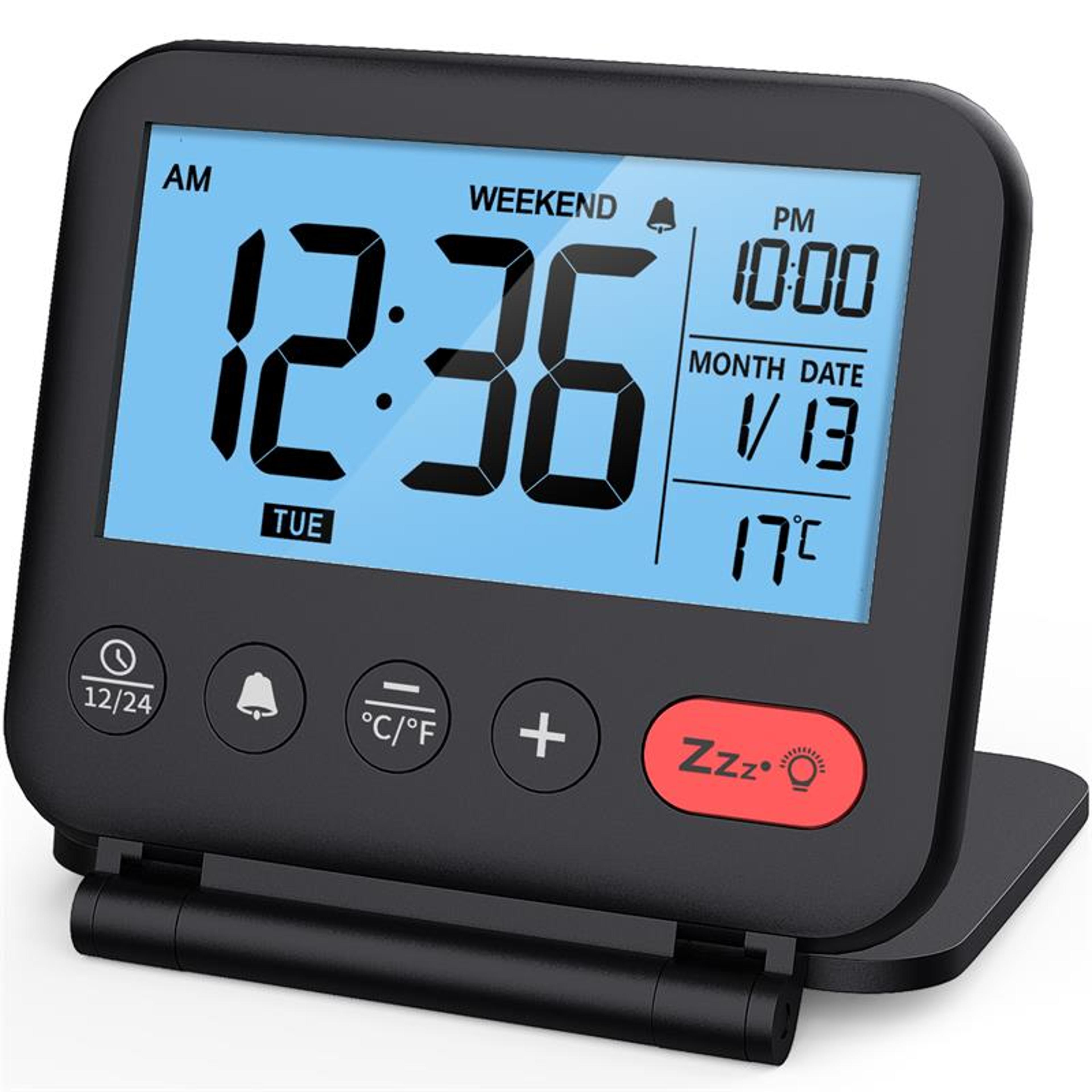 portable digital travel alarm clock with backlight lcd display, temperature monitor and snooze function