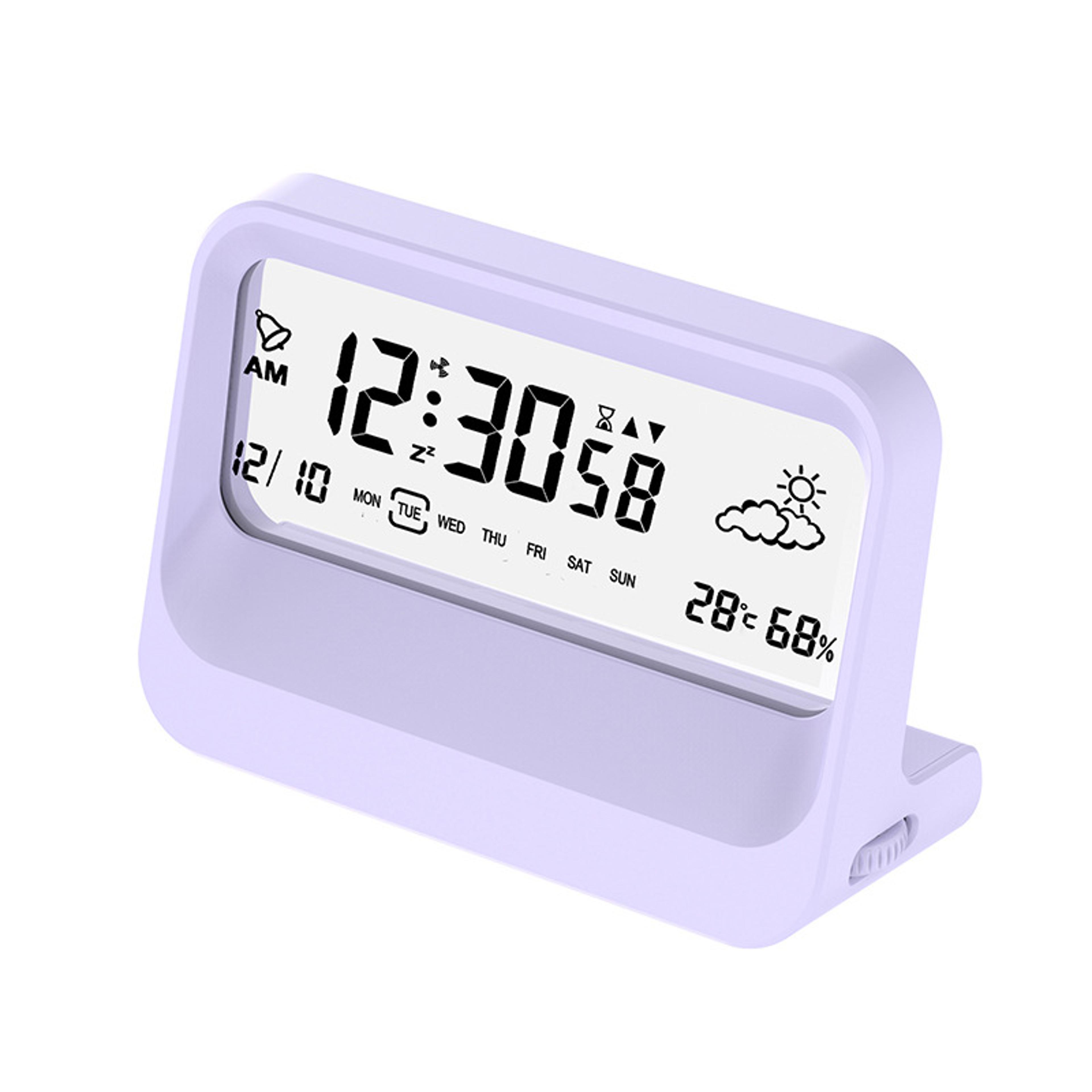 transparent lcd digital alarm clock with temperature humidity display, silent battery powered desk clock