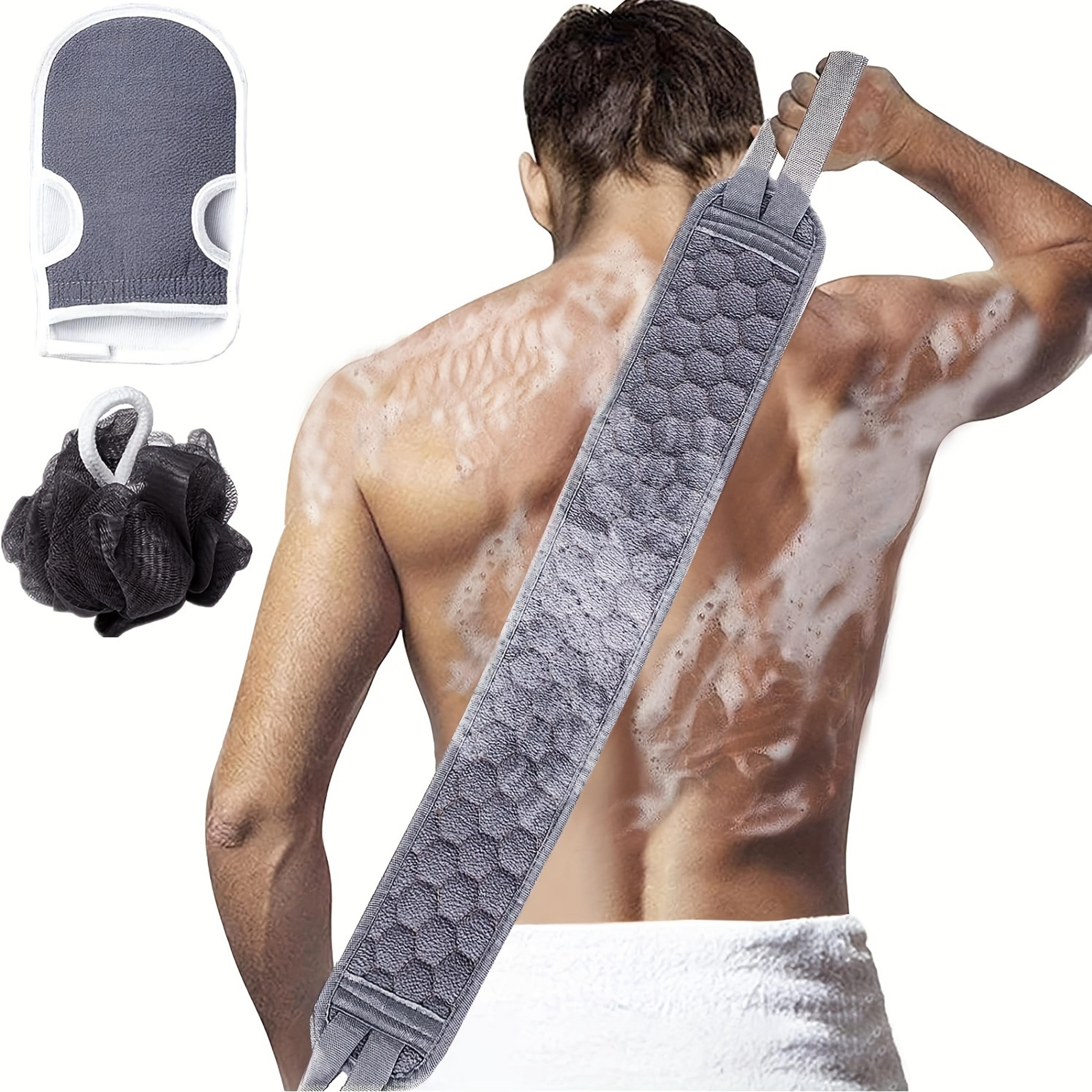 exfoliating body scrubber set with back scrubber and bath loofah