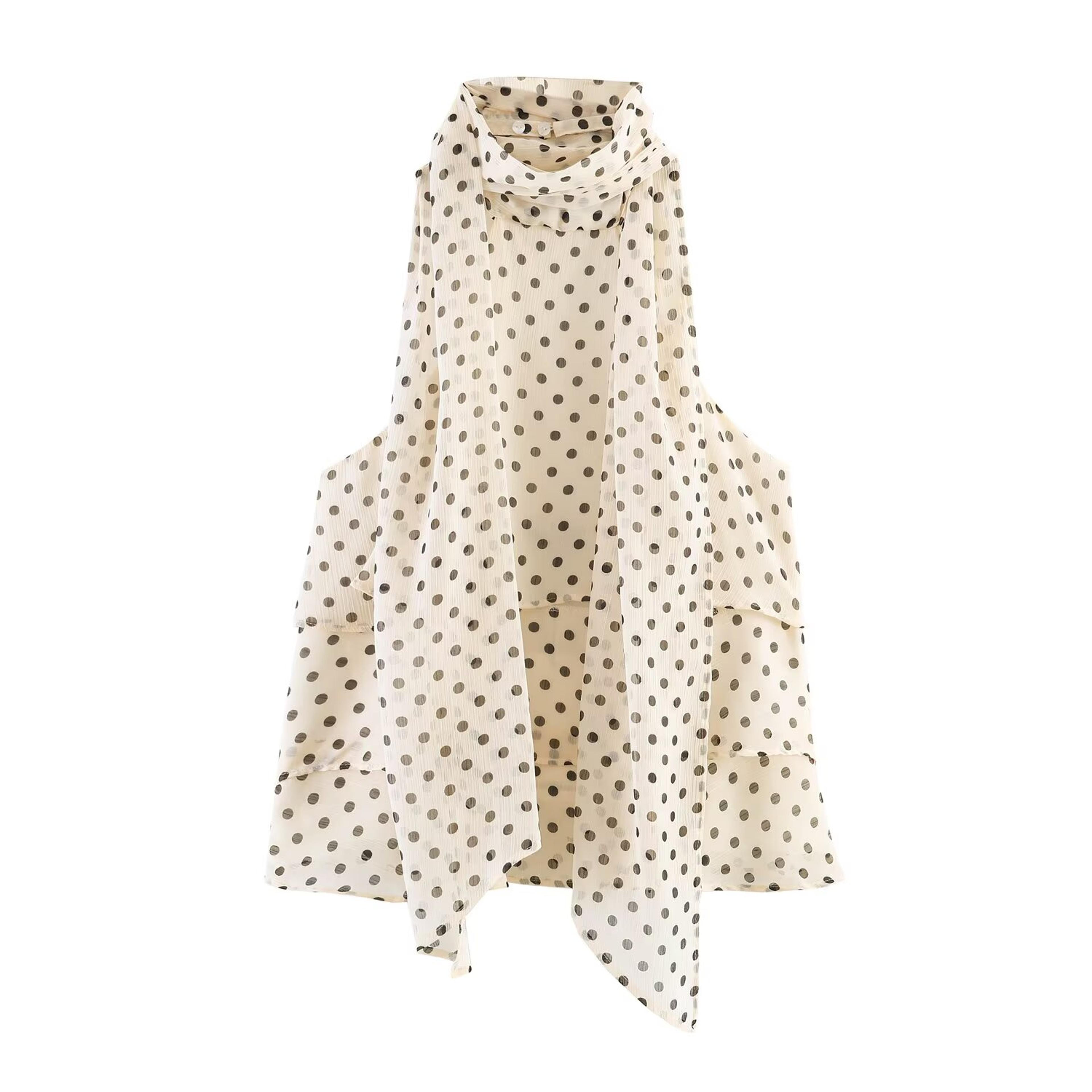 elegant polka dot halter top with tiered ruffles and scarf tie