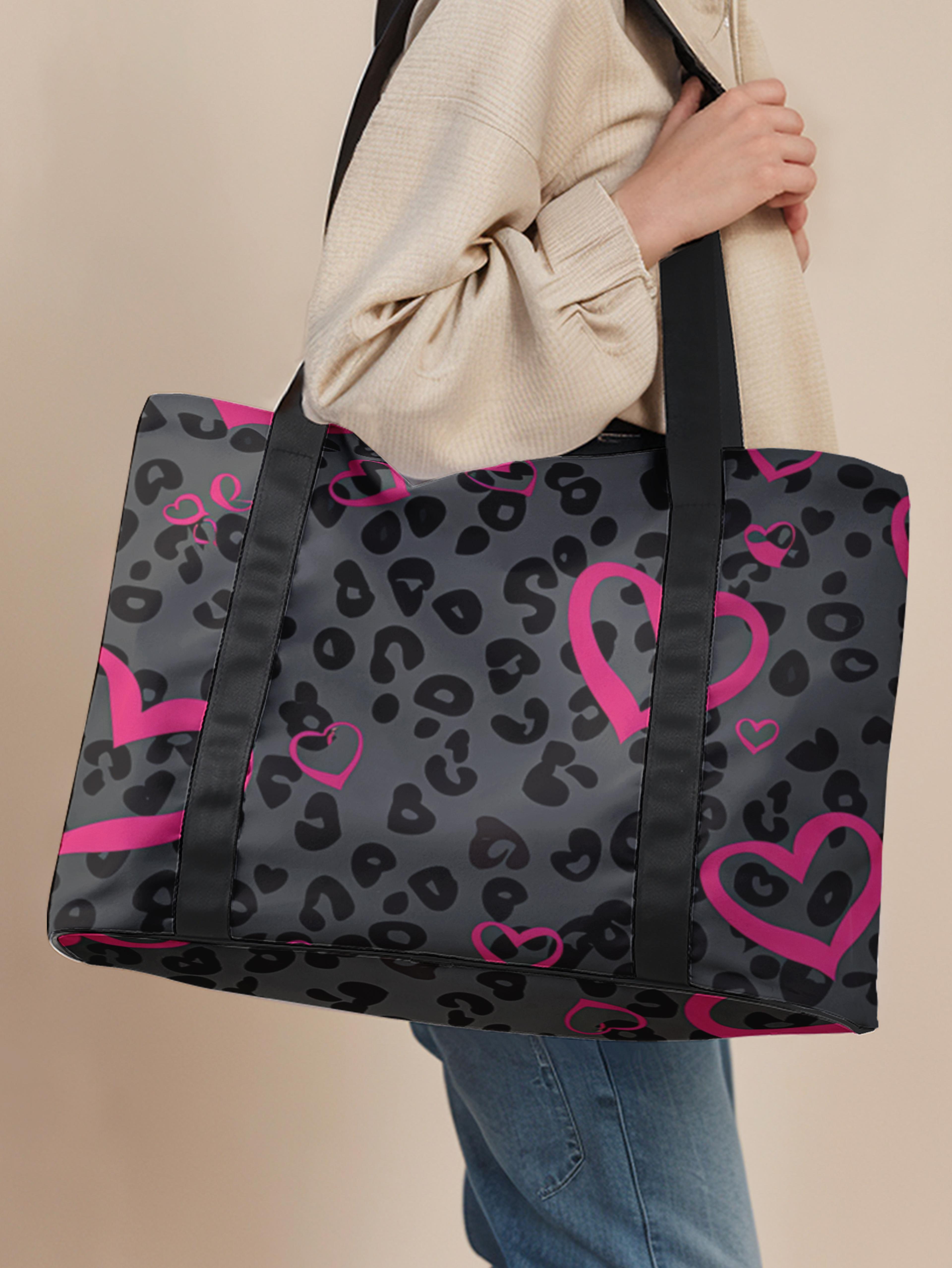 pink leopard heart large tote bag for travel beach and everyday carry