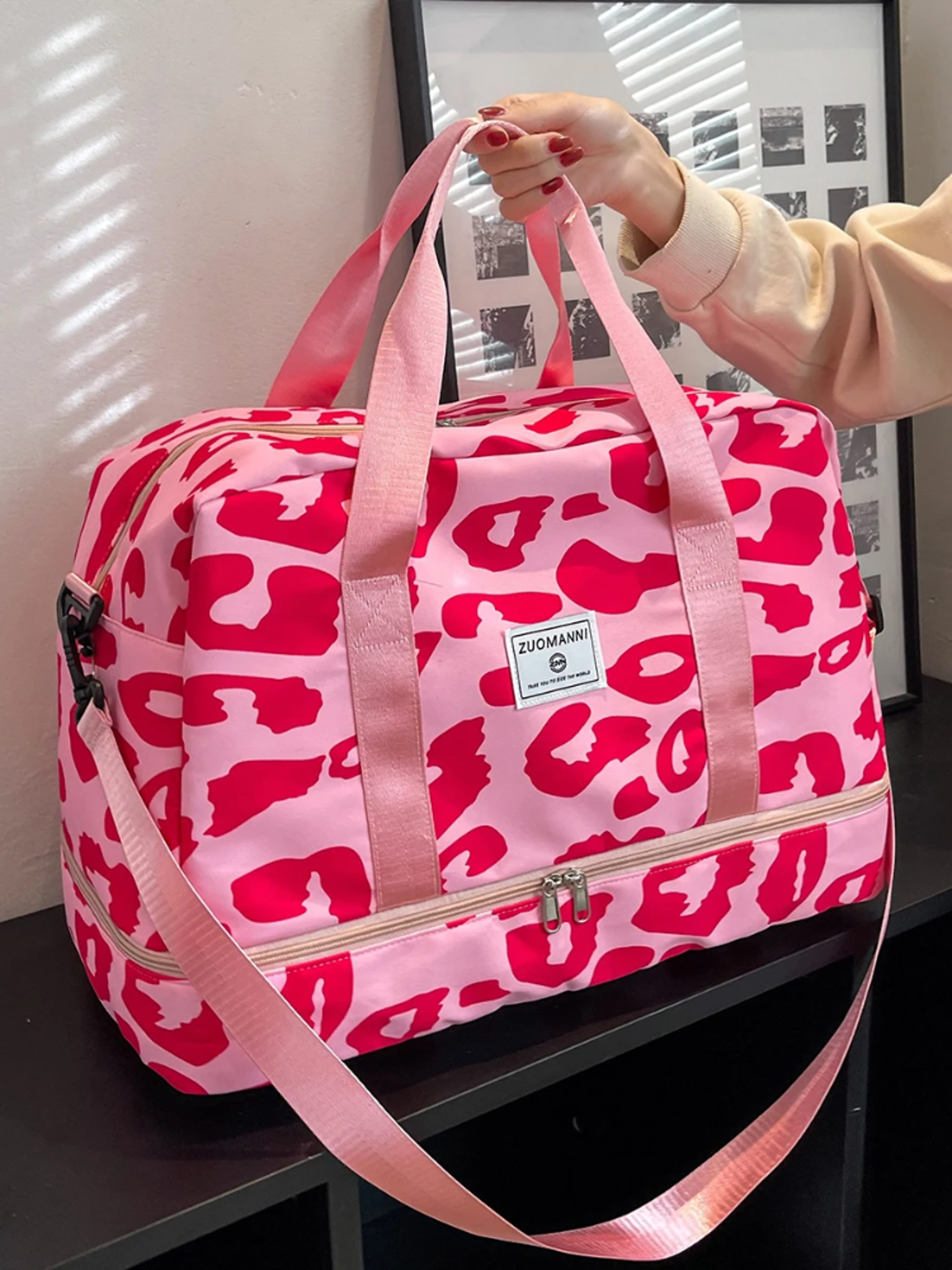 spacious women's carry on travel bag animal print nylon weekender duffel