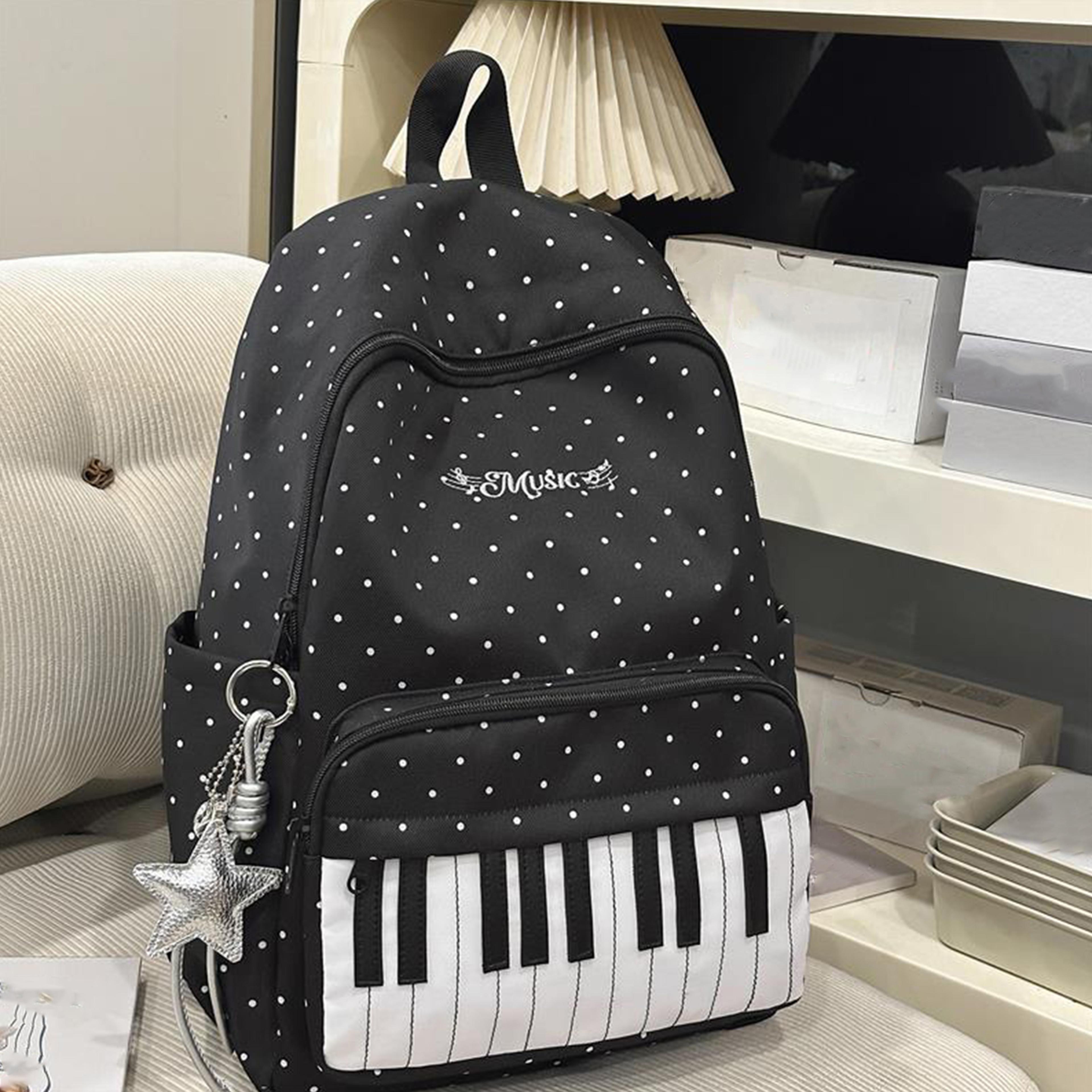 polka dot piano backpack with pendant for school travel and daily style