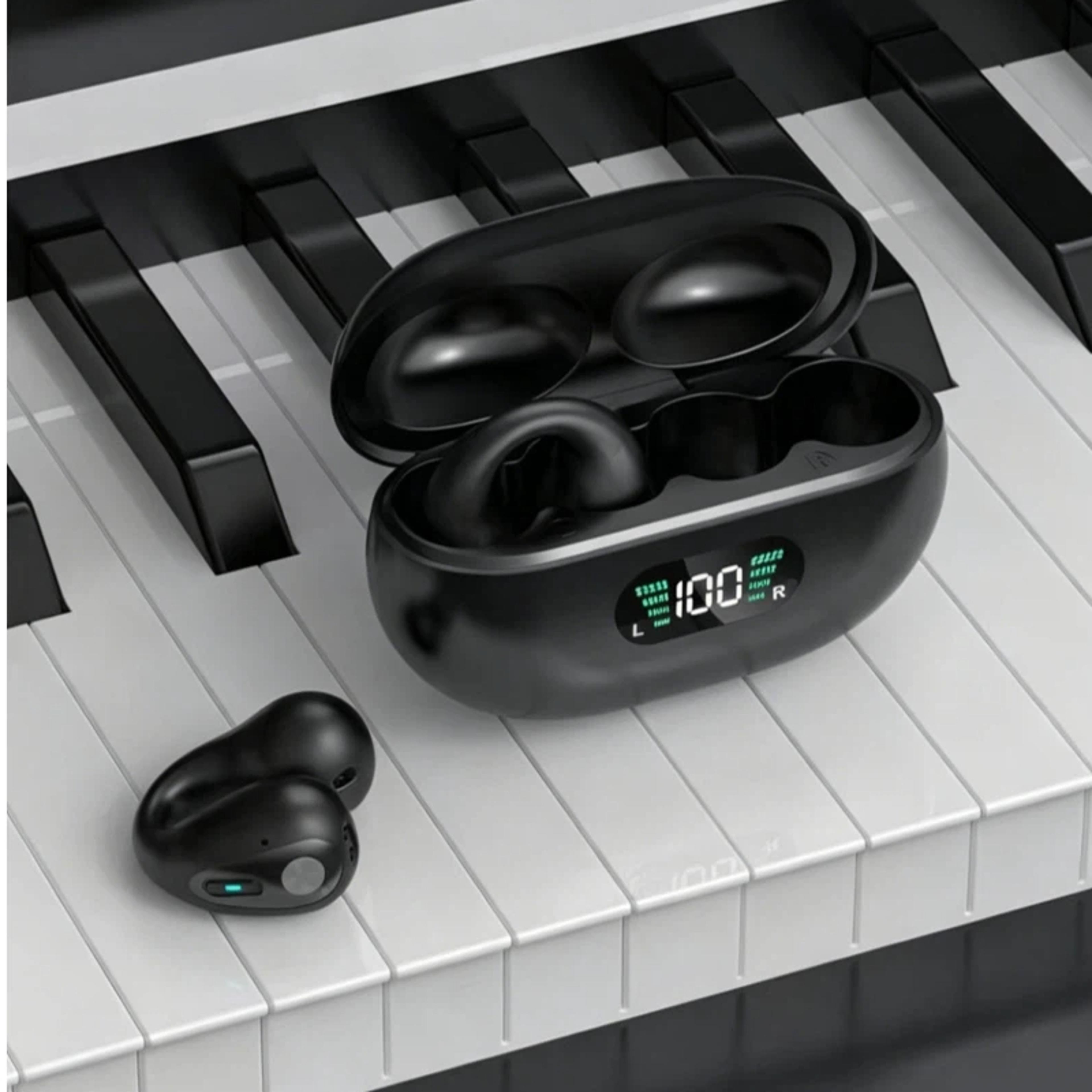 open-fit ear clip wireless bluetooth earbuds with led power display and mic