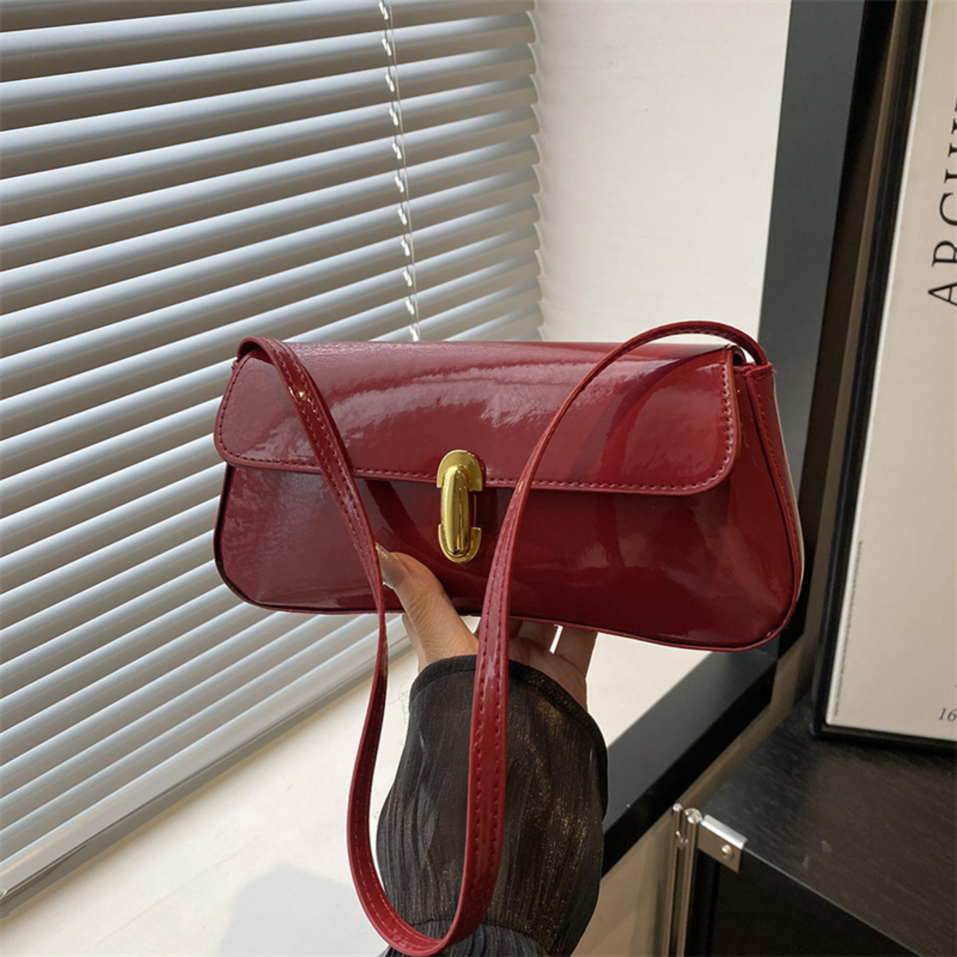 glossy burgundy shoulder bag for women compact evening underarm purse