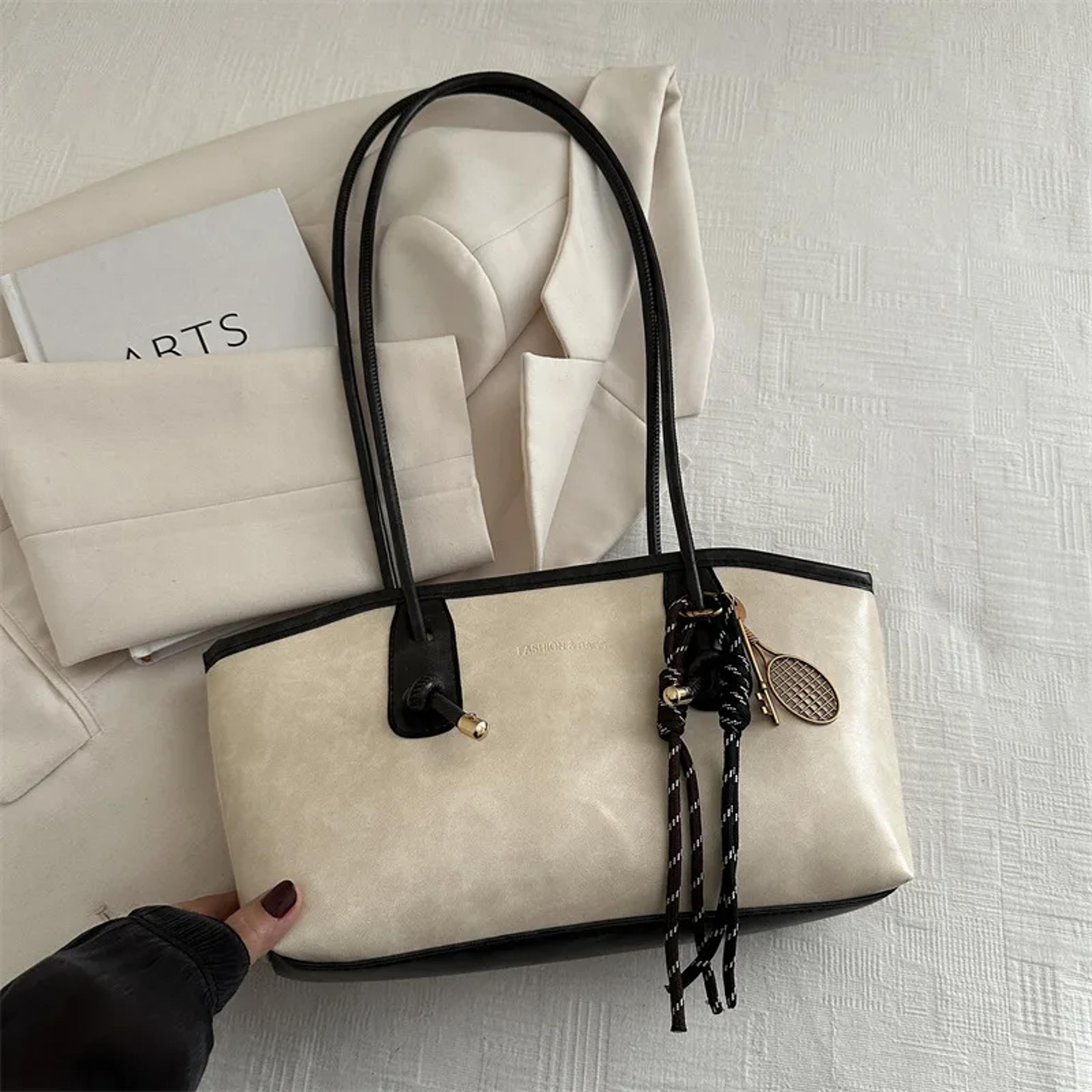 retro large capacity tote bag with pendant for women