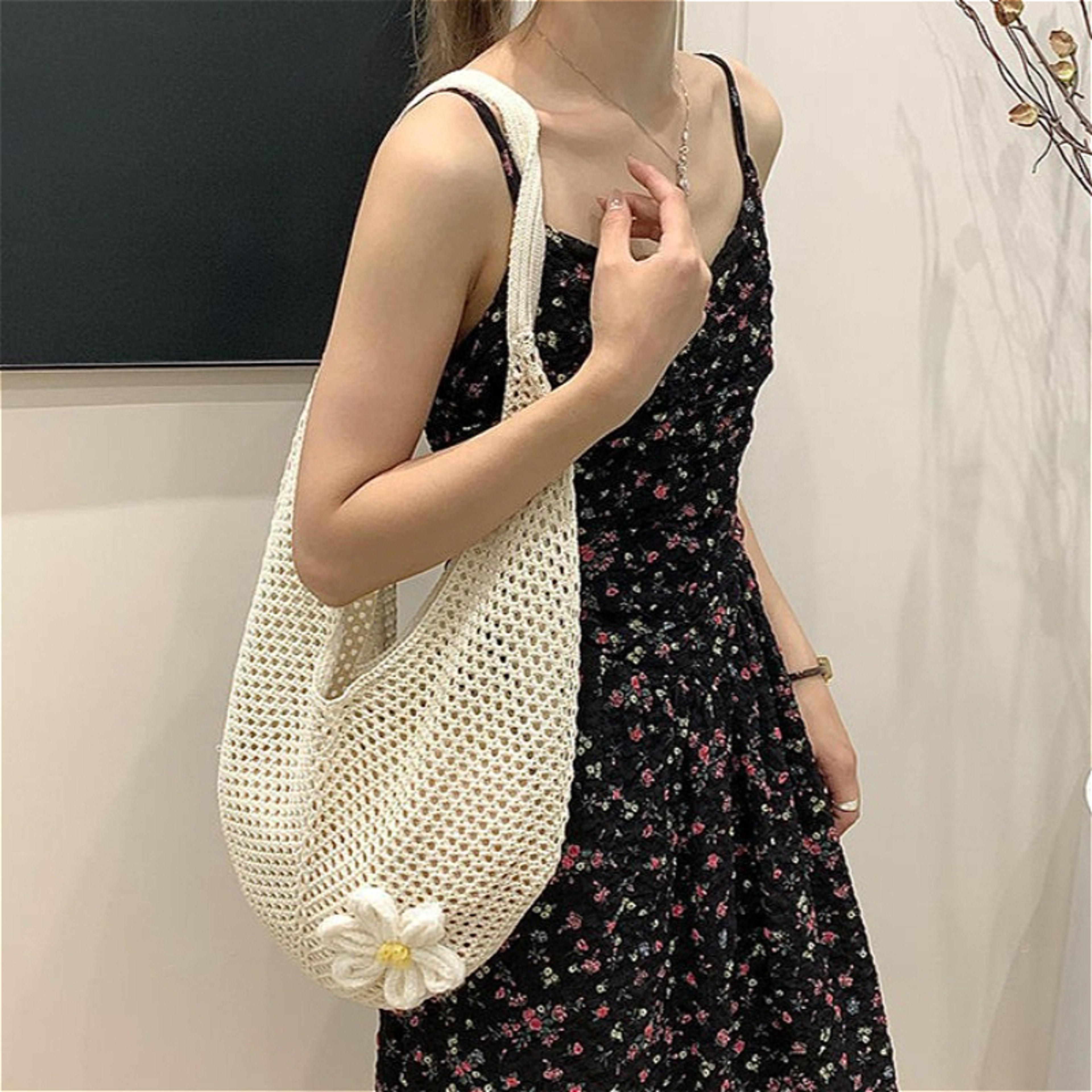boho crochet flower tote bag large capacity summer beach shoulder bag