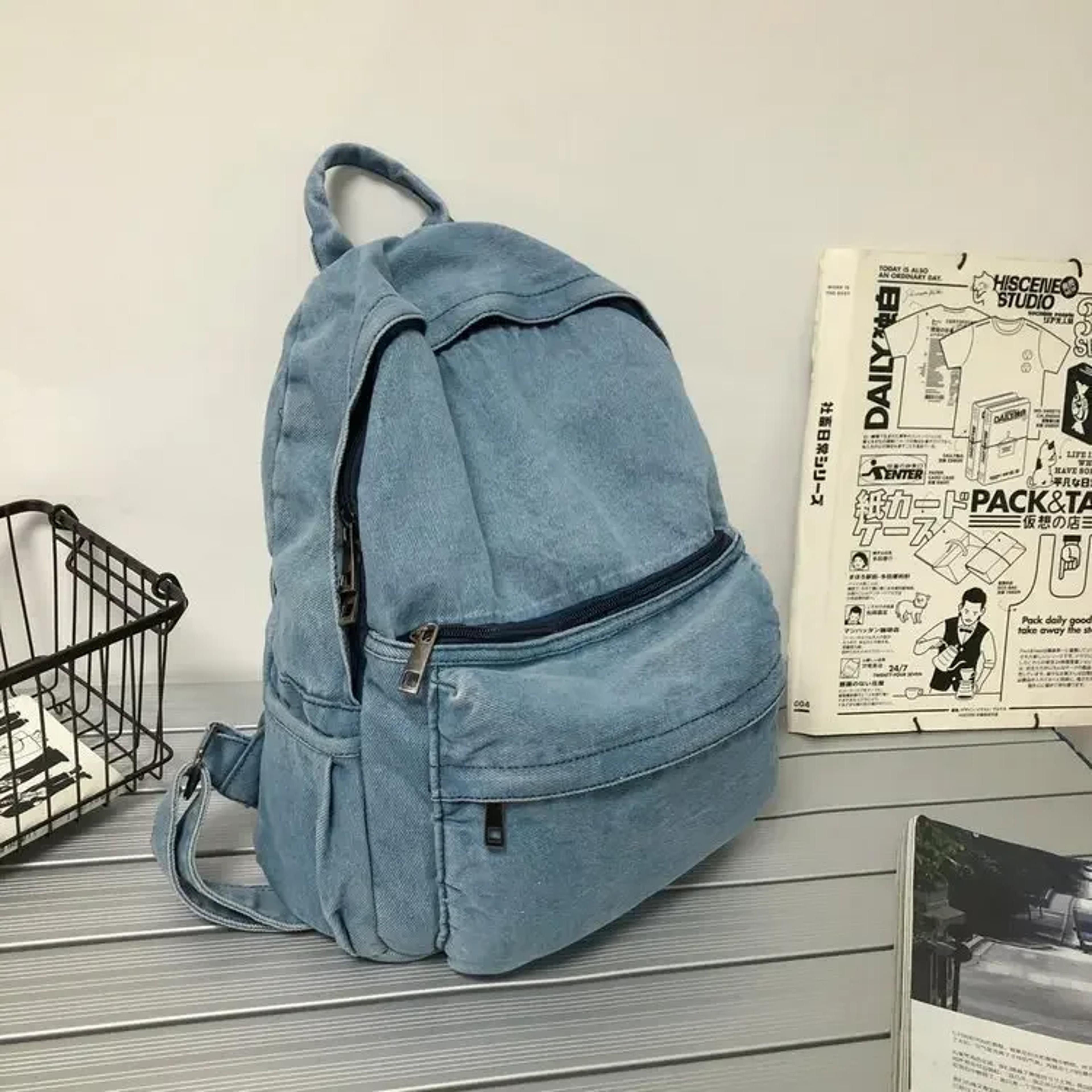 gray denim backpack vintage casual travel school daypack