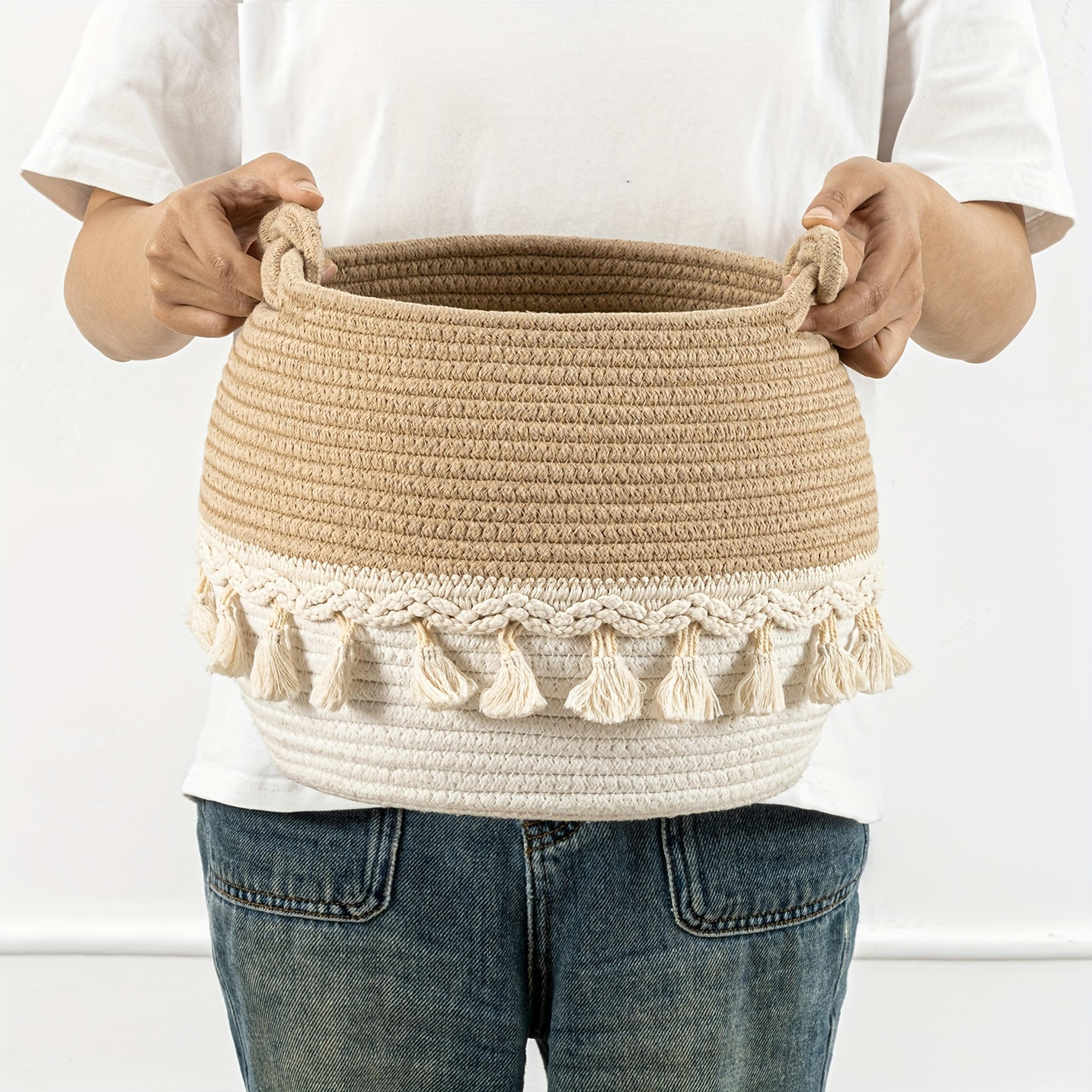 boho cotton rope storage basket tassel woven storage basket for laundry toys and home