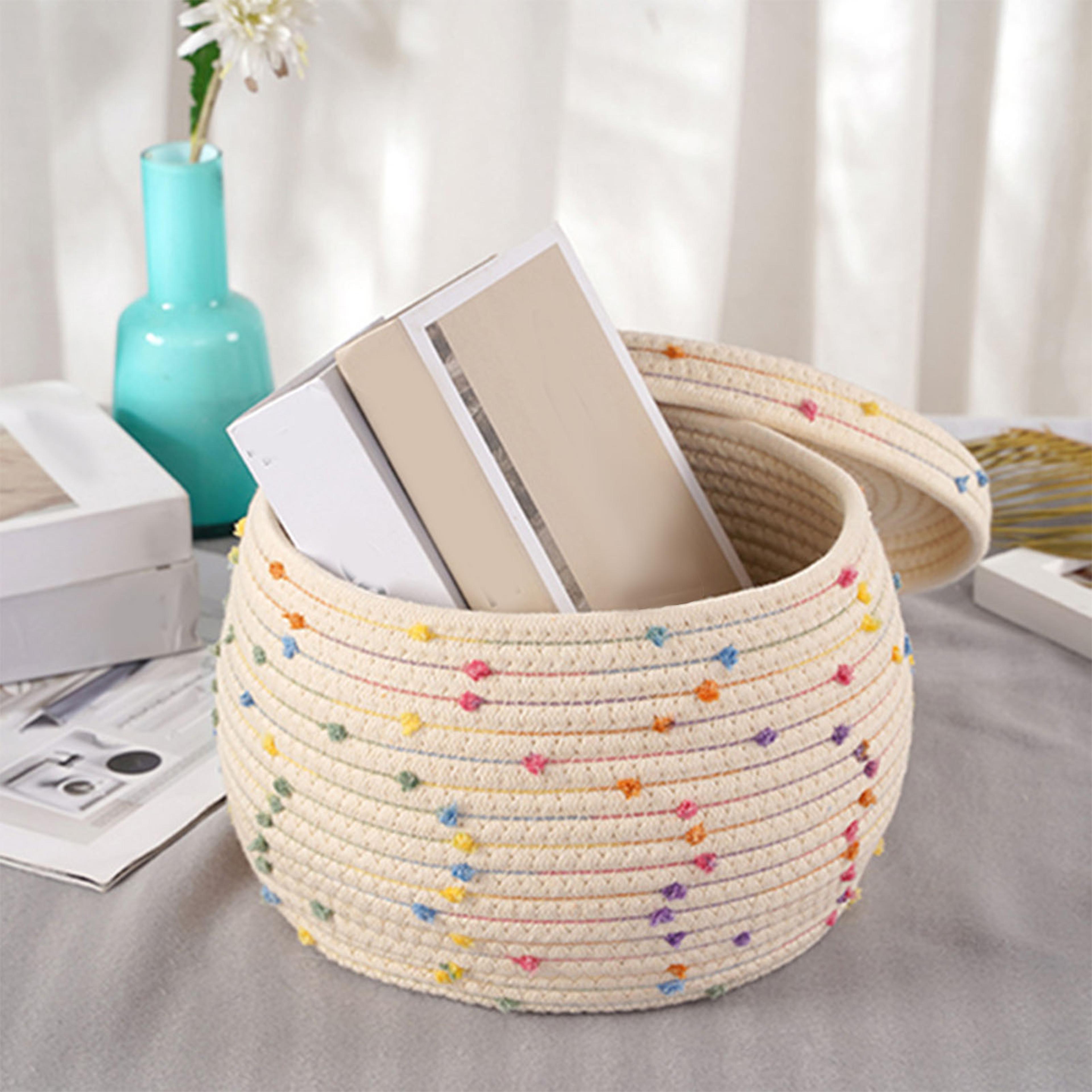 cotton rope basket woven storage box round colorful decorative dots large capacity with lid for laundry