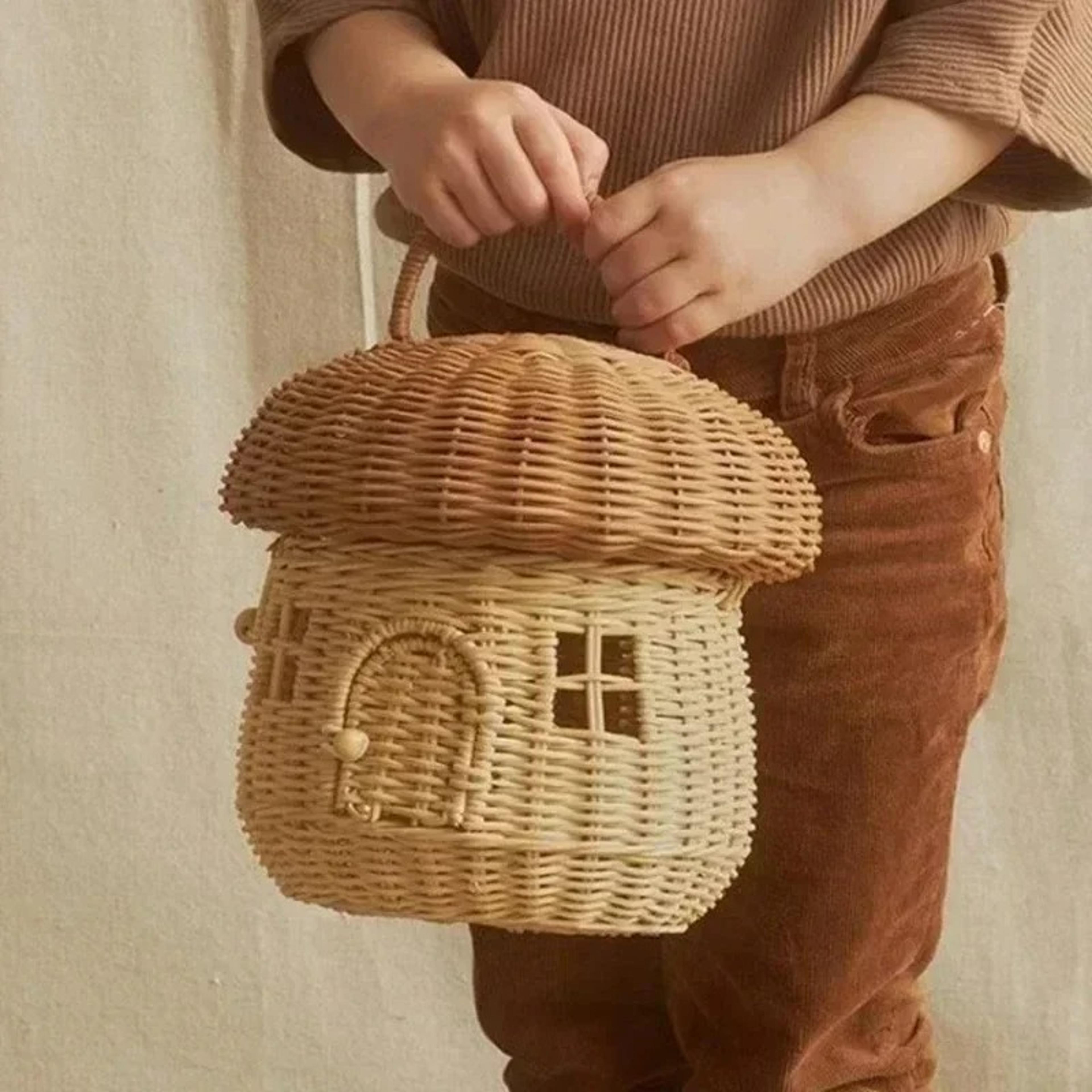 handmade mushroom basket rattan storage basket for kids picnics and cottagecore decor
